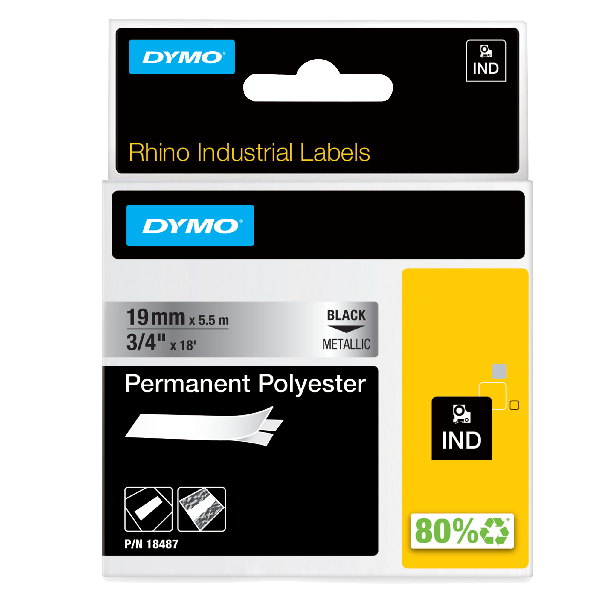 Nastro Rhino 18487 - 19 mm x 5,5 mt - poliestere - permanente - nero/metallo - Dymo