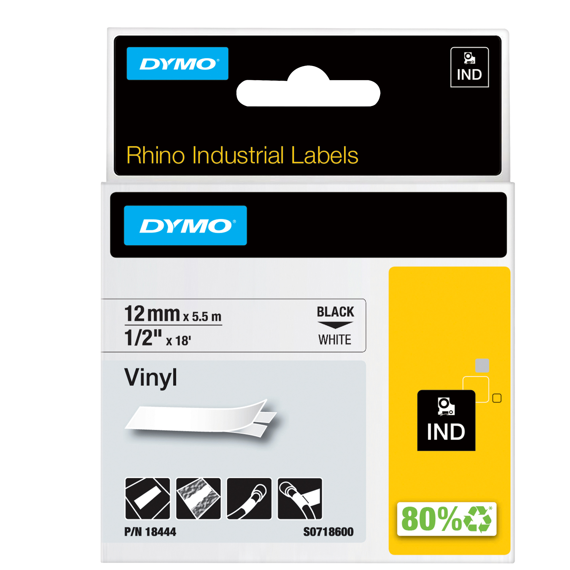 Nastro Rhino 18444 - 12 mm x 5,5 mt - vinile - permanente - nero/bianco - Dymo
