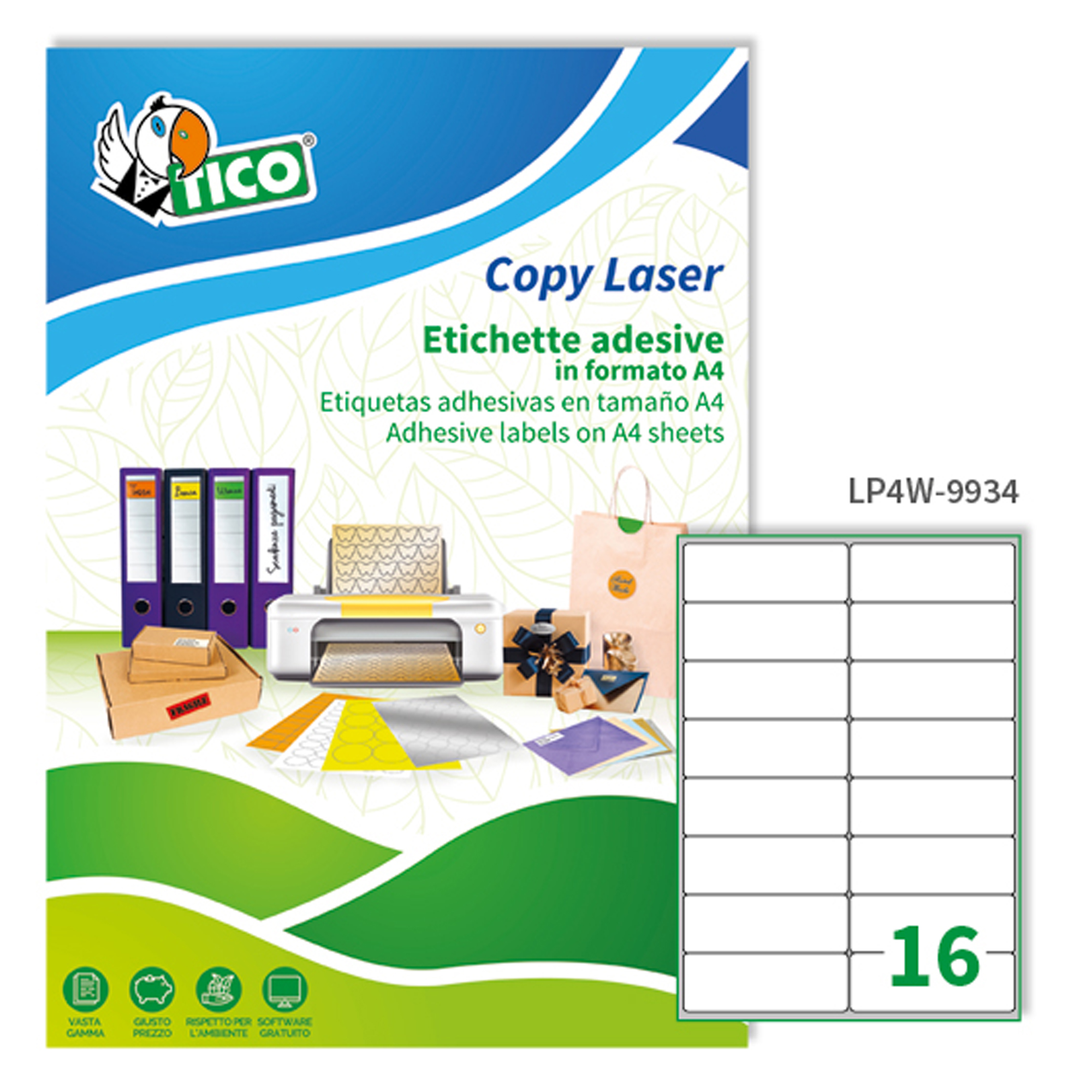 Etichette adesive LP4W - in carta - angoli arrotondati - permanenti - 99,1 x 34 mm - 16 et/fg - 100 fogli - bianco - Tico