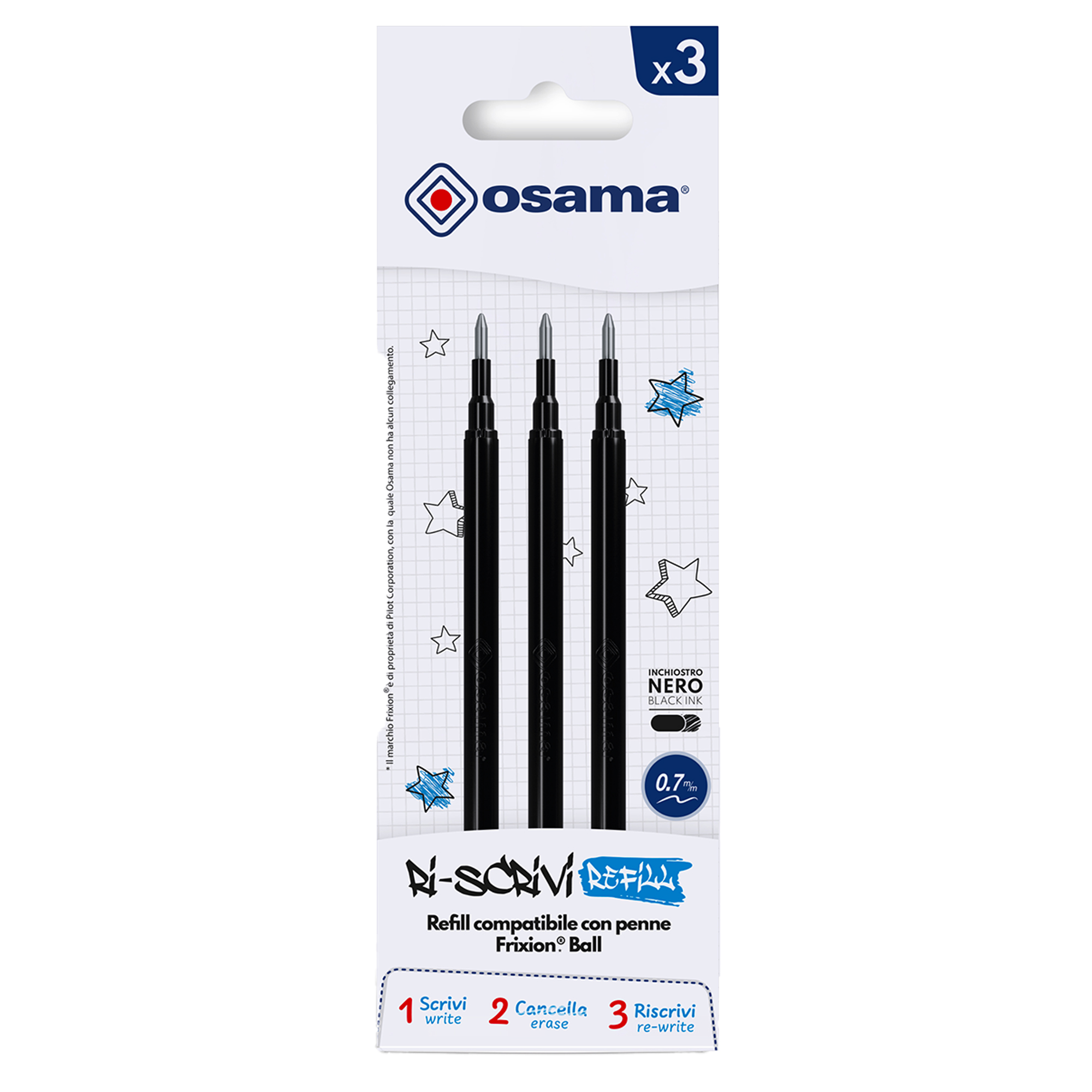 Refill per penne gel cancellabili - punta 0,7 mm - nero - Osama - conf. 3 pezzi