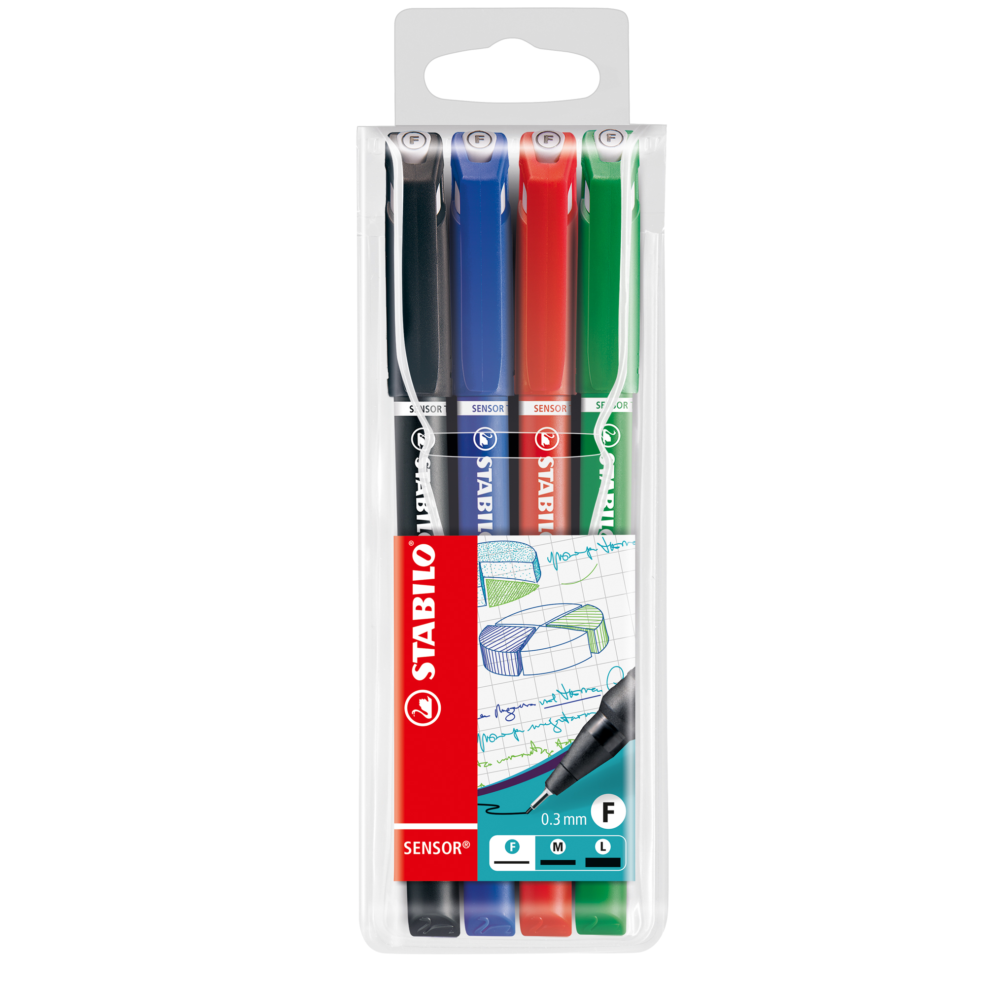 STABILO SENSOR - Penna a punta sottile - nero, rosso, blu, verde - 0.3 mm - fine (pacchetto di 4)