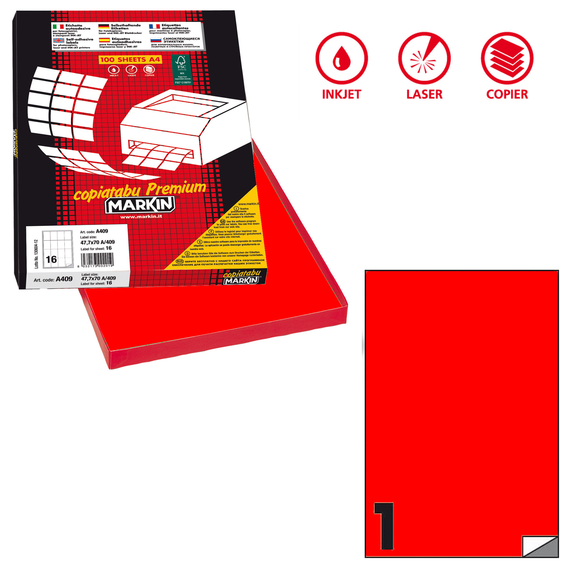 Etichette adesive C/503 - in carta - permanenti - 210 x 297 mm - 1 et/fg - 100 fogli - rosso fluo - Markin
