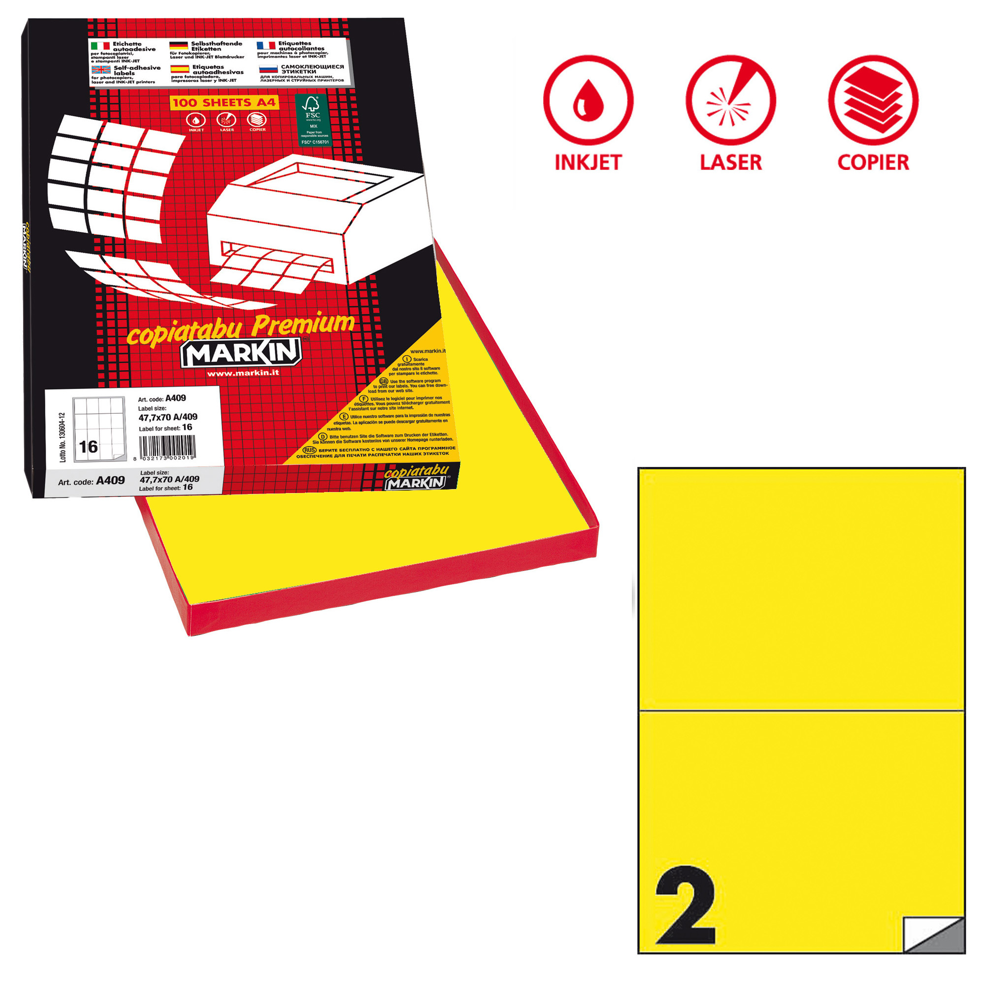 Etichette adesive C/509 - in carta - permanenti - 210 x 148,5 mm - 2 et/fg - 100 fogli - giallo fluo - Markin