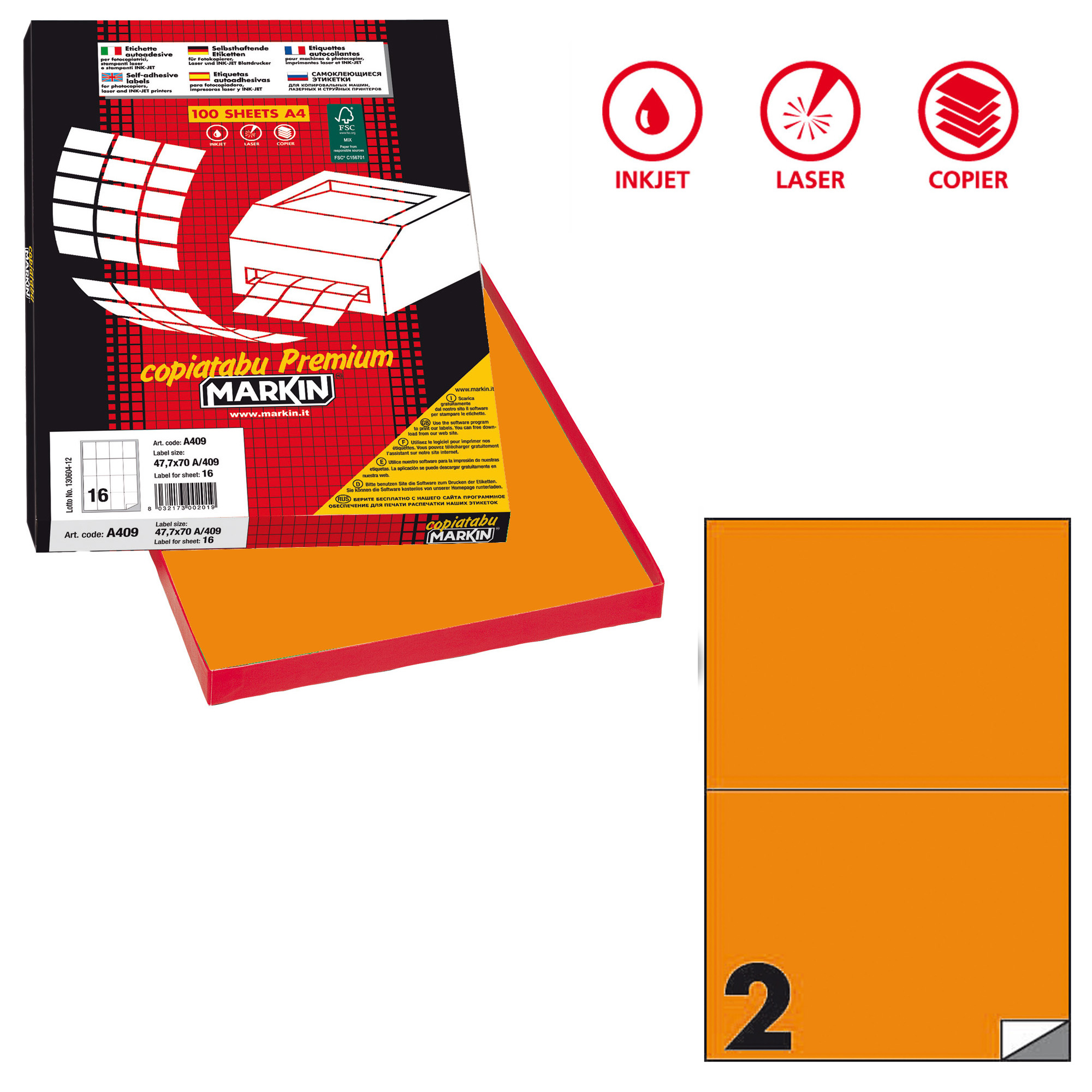 Etichette adesive C/509 - in carta - permanenti - 210 x 148,5 mm - 2 et/fg - 100 fogli - arancio fluo - Markin