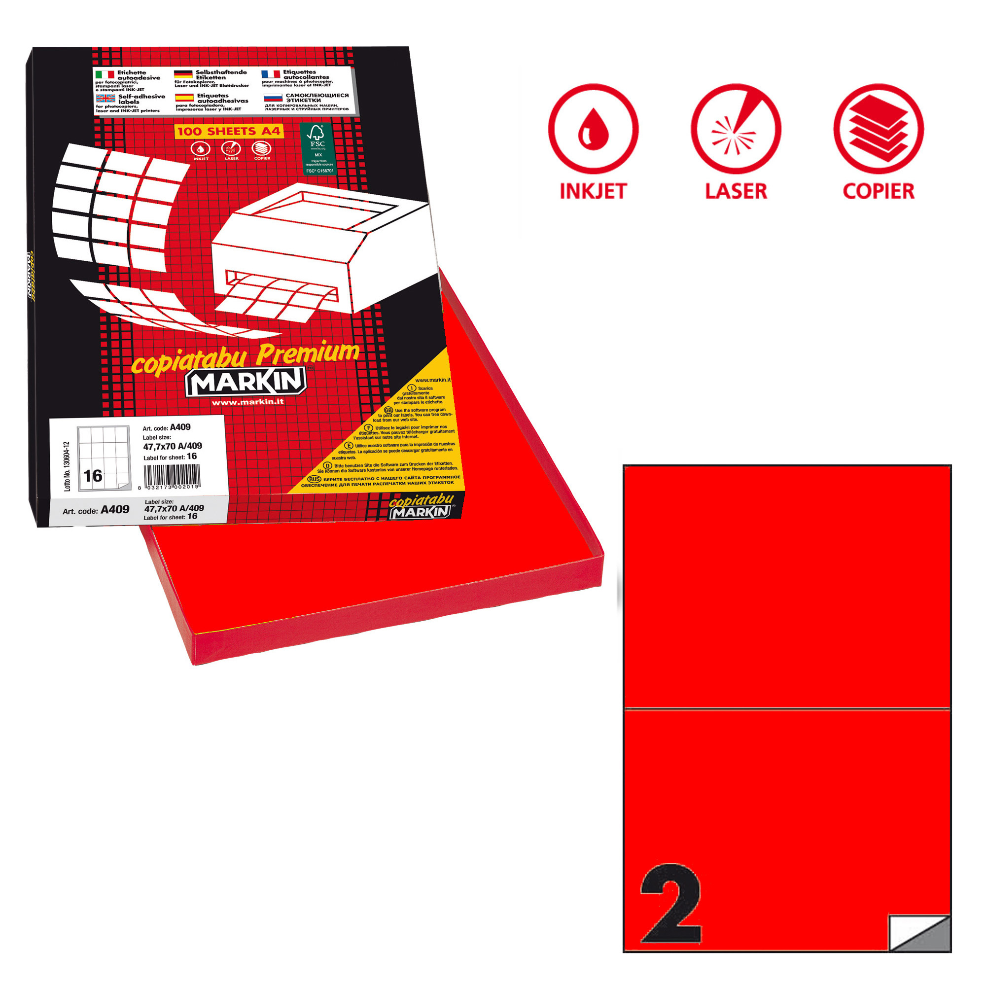 Etichette adesive C/509 - in carta - permanenti - 210 x 148,5 mm - 2 et/fg - 100 fogli - rosso fluo - Markin