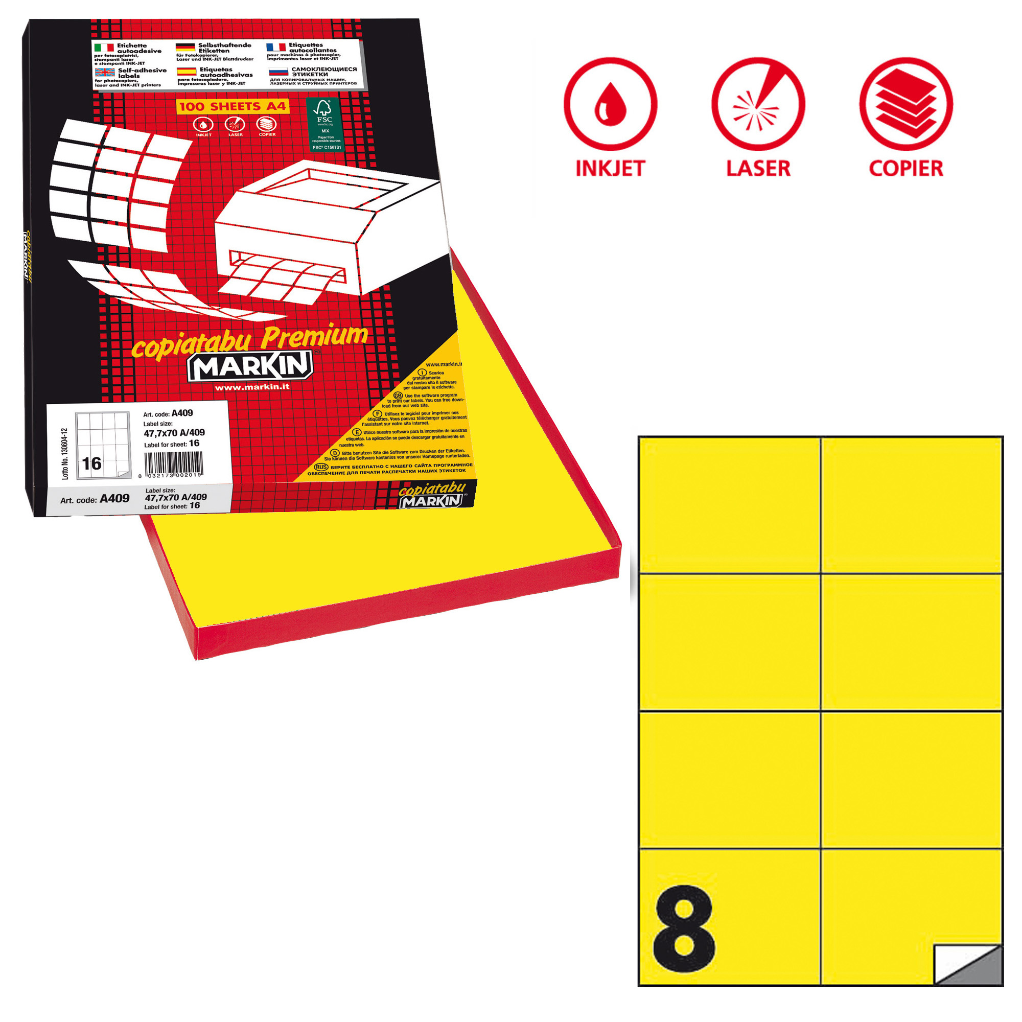 Etichette adesive C/512 - in carta - permanenti - 105 x 74,25 mm - 8 et/fg - 100 fogli - giallo fluo - Markin