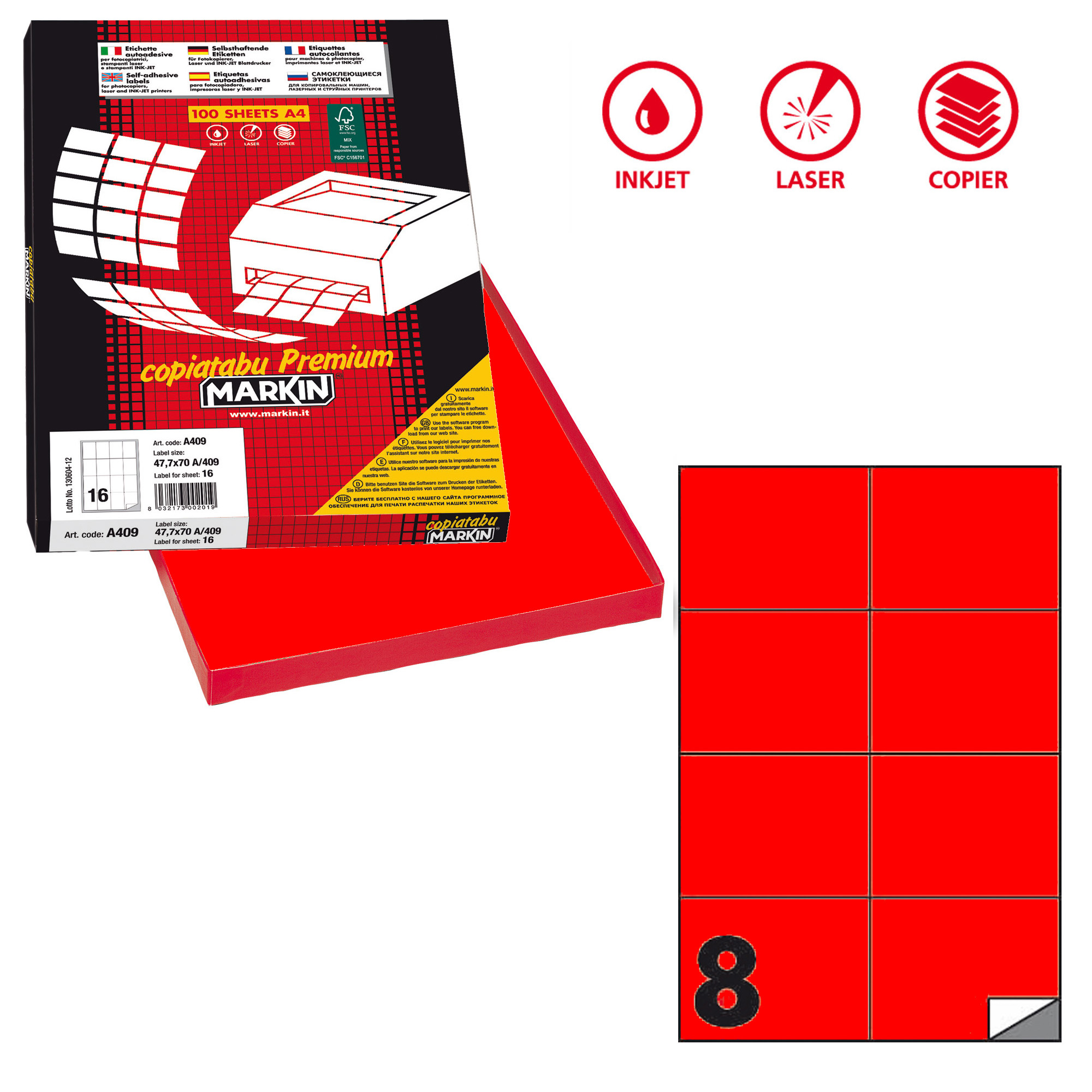 Etichette adesive C/512 - in carta - permanenti - 105 x 74,25 mm - 8 et/fg - 100 fogli - rosso fluo - Markin
