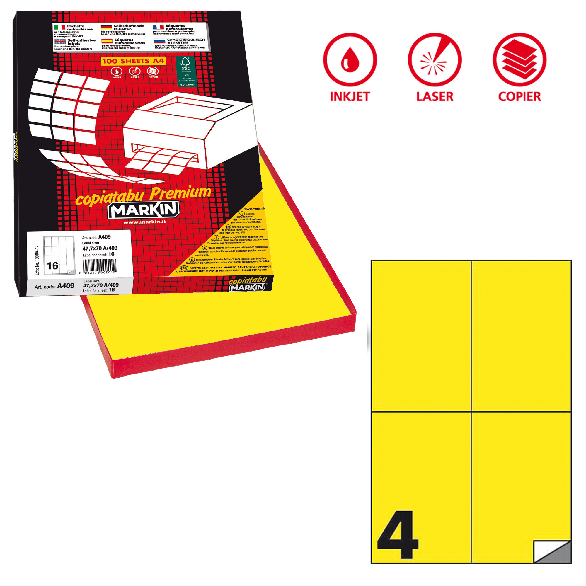 Etichette adesive C/519 - in carta - permanenti - 105 x 148,5 mm - 4 et/fg - 100 fogli - giallo fluo - Markin