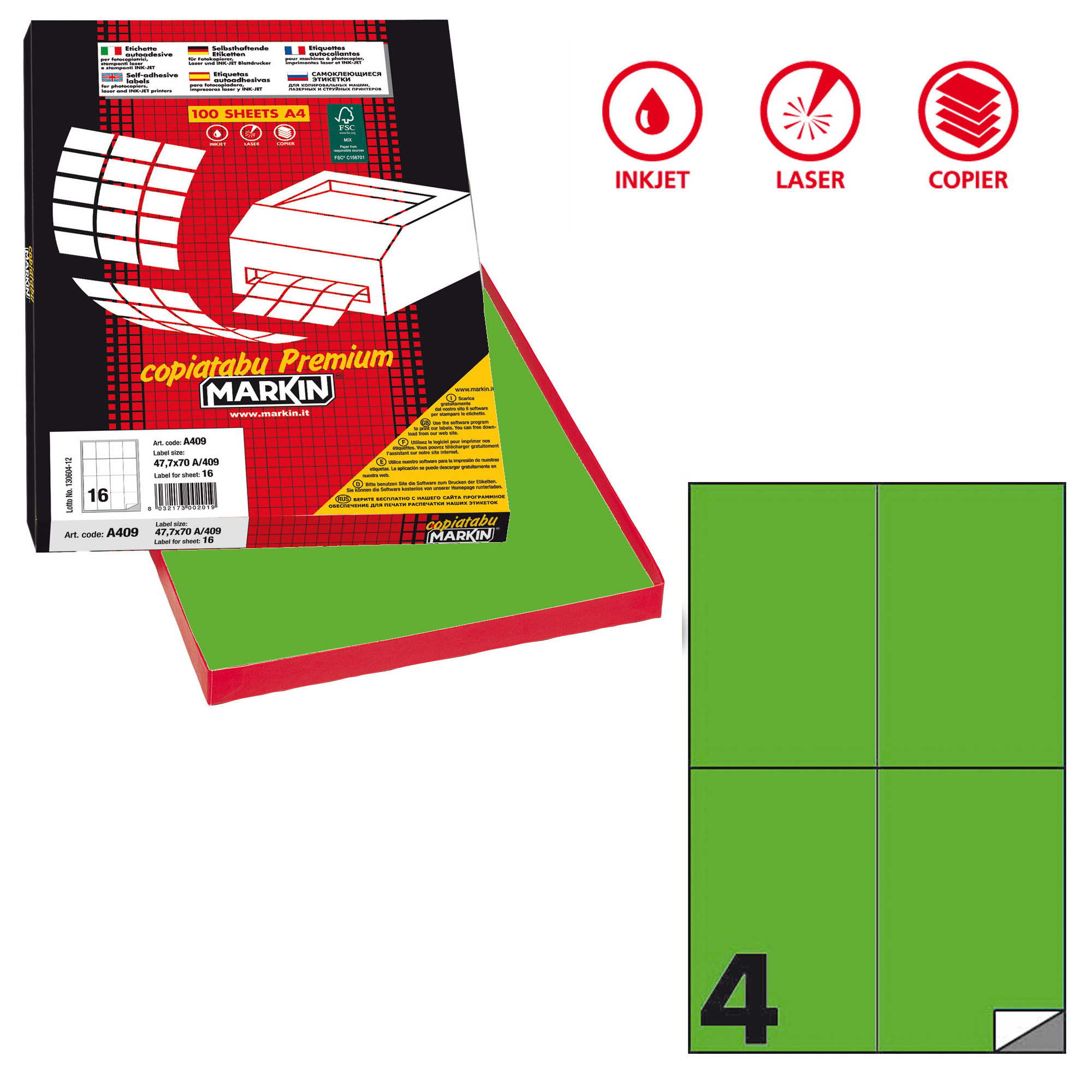 Etichette adesive C/519 - in carta - permanenti - 105 x 148,5 mm - 4 et/fg - 100 fogli - verde fluo - Markin
