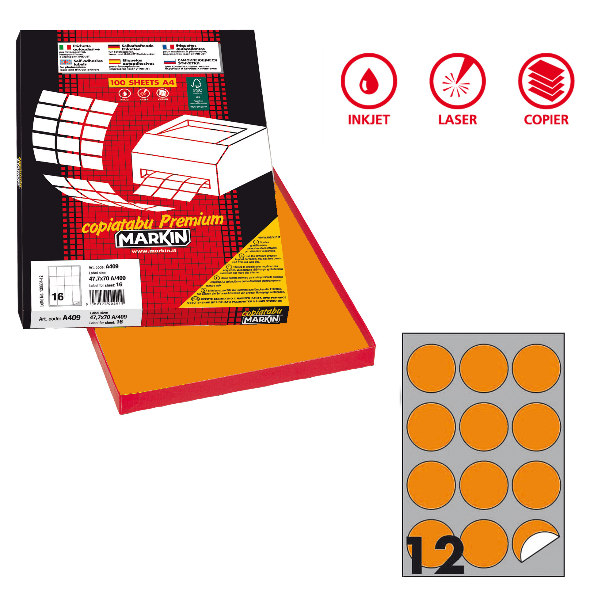 Etichette adesive R/310 - in carta - permanenti - tonde - diametro 60 mm - 12 et/fg - 100 fogli - arancio fluo - Markin