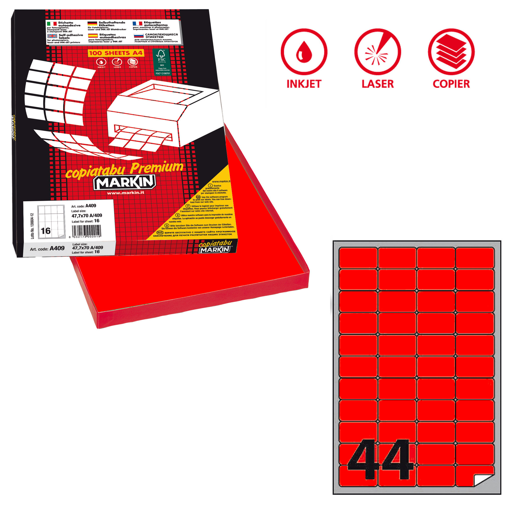 Etichette adesive A/406 - in carta - permanenti - 47,5 x 25,5 mm - 44 et/fg - 100 fogli - rosso fluo - angoli tondi - Markin