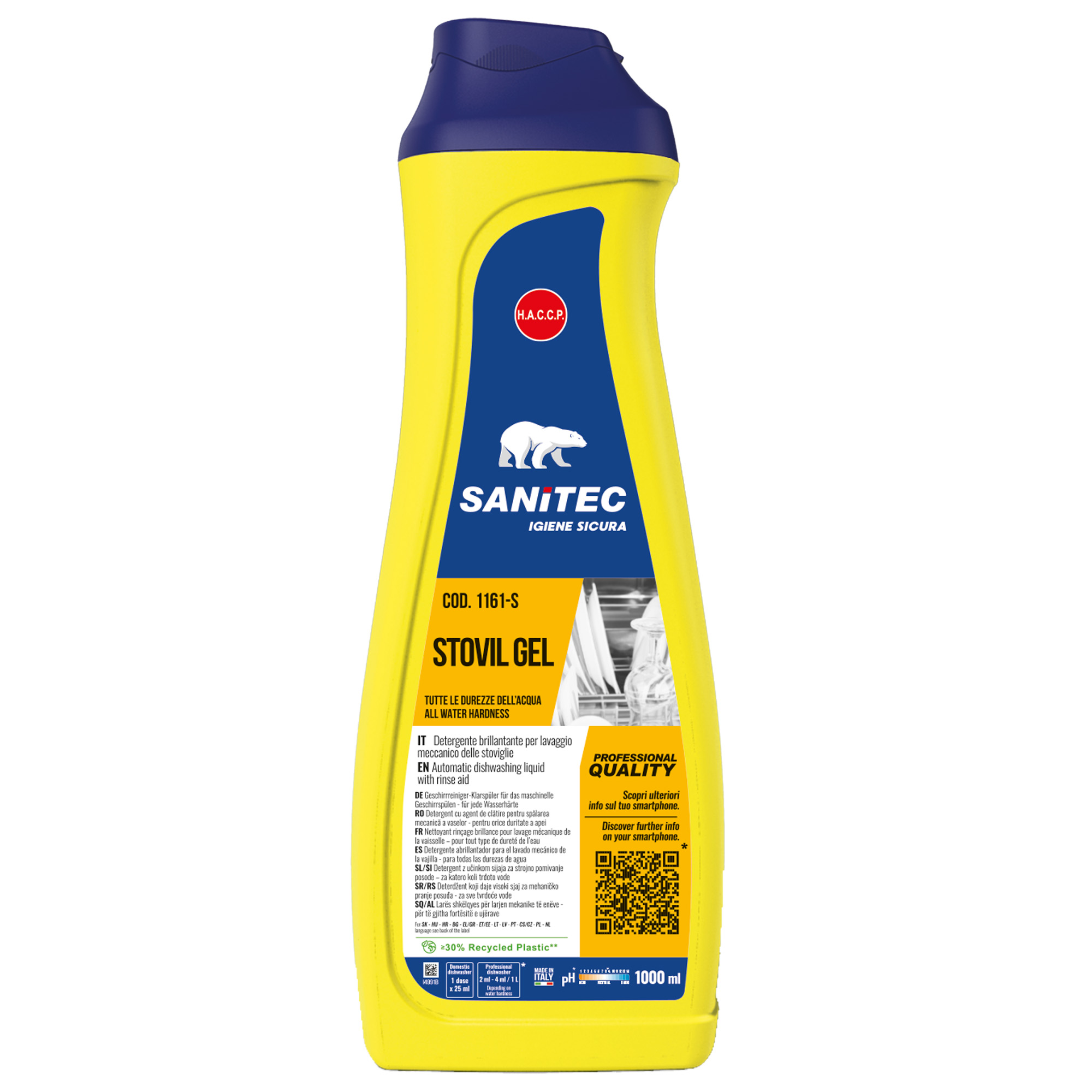 Sanitec STOVIL BAR GEL - Detergente / additivo per risciacquo - gel - flacone - 1 L - 40 carichi - professionale - per macchina - giallo (pacchetto di 6)