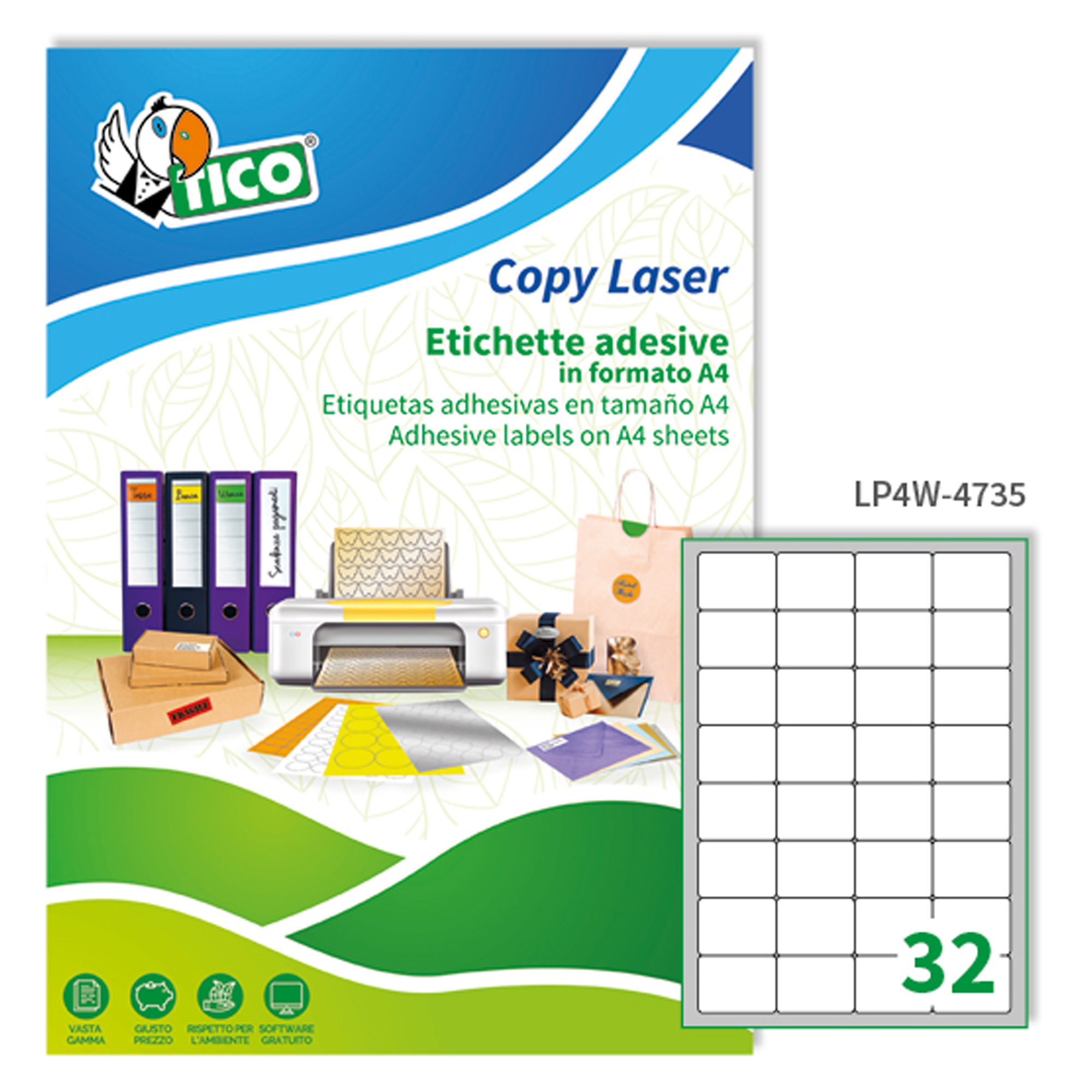 Etichette adesive LP4W - in carta - angoli arrotondati - permanenti - 47,5 x 35 mm - 32 et/fg - 100 fogli - bianco - Tico