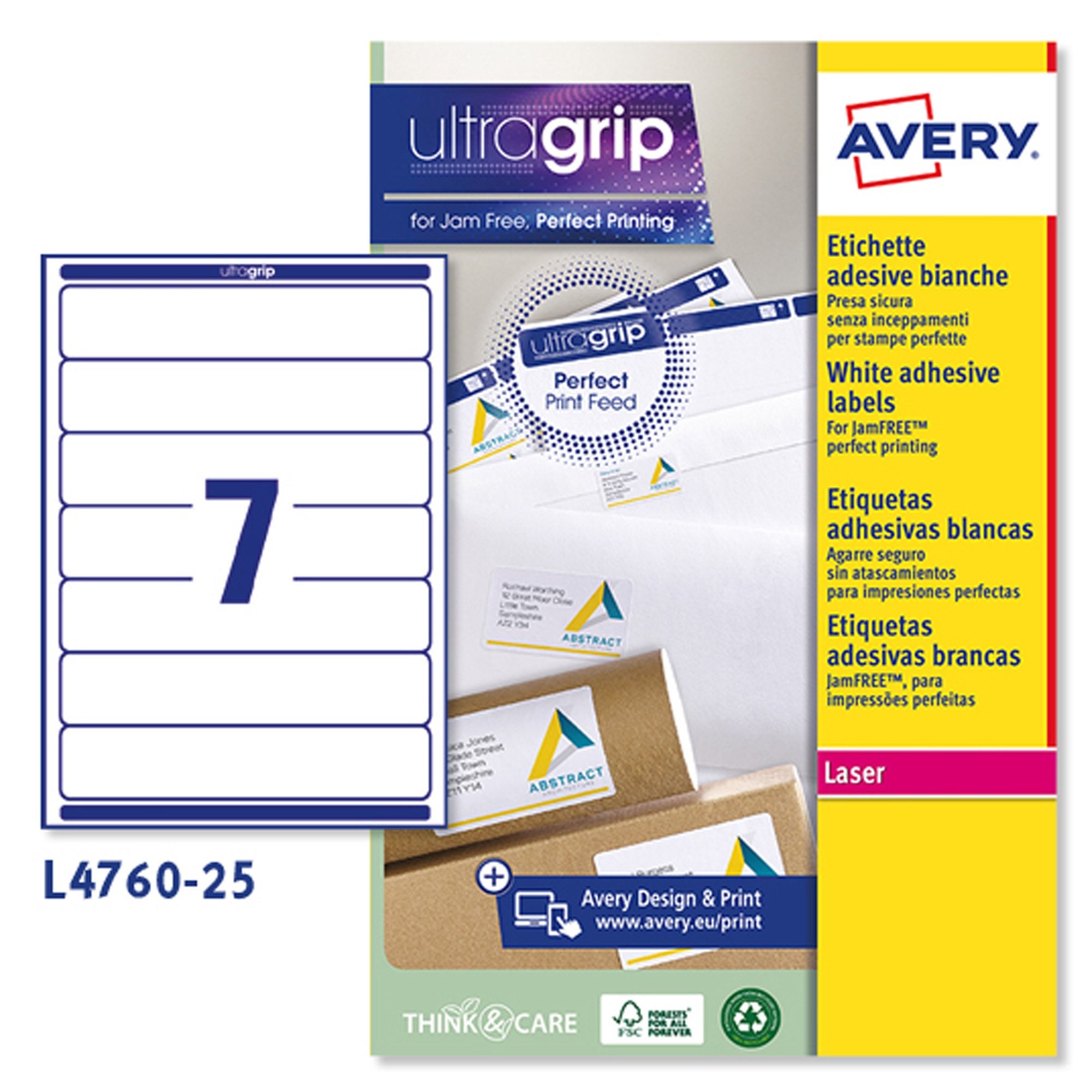 Etichette adesive L4760 - in carta - angoli arrotondati - permanenti - 192 x 38 mm - 7 et/fg - 25 fogli - bianco coprente - Avery