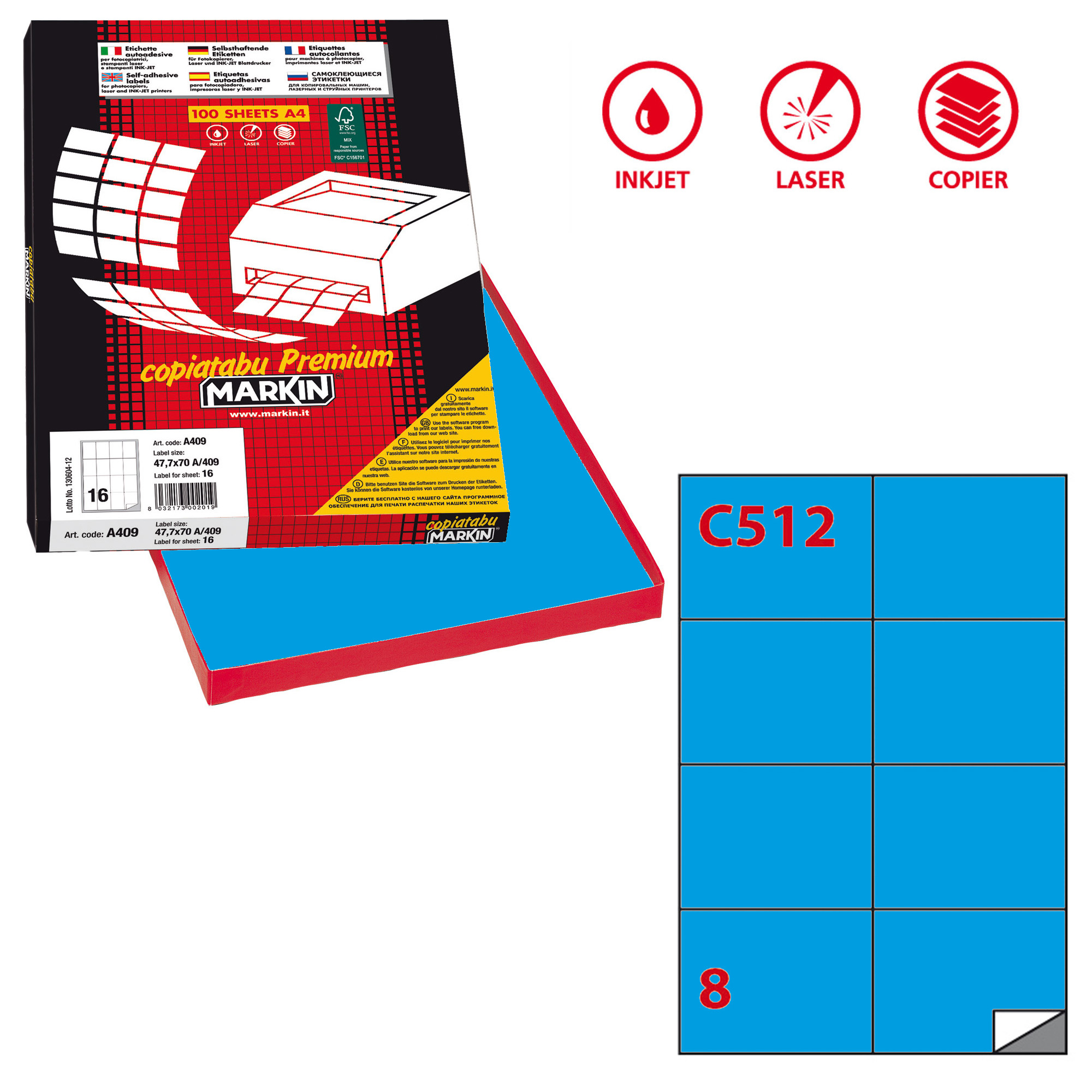 Etichette adesive C/512 - in carta - permanenti - 105 x 74,25 mm - 8 et/fg - 100 fogli - blu - Markin