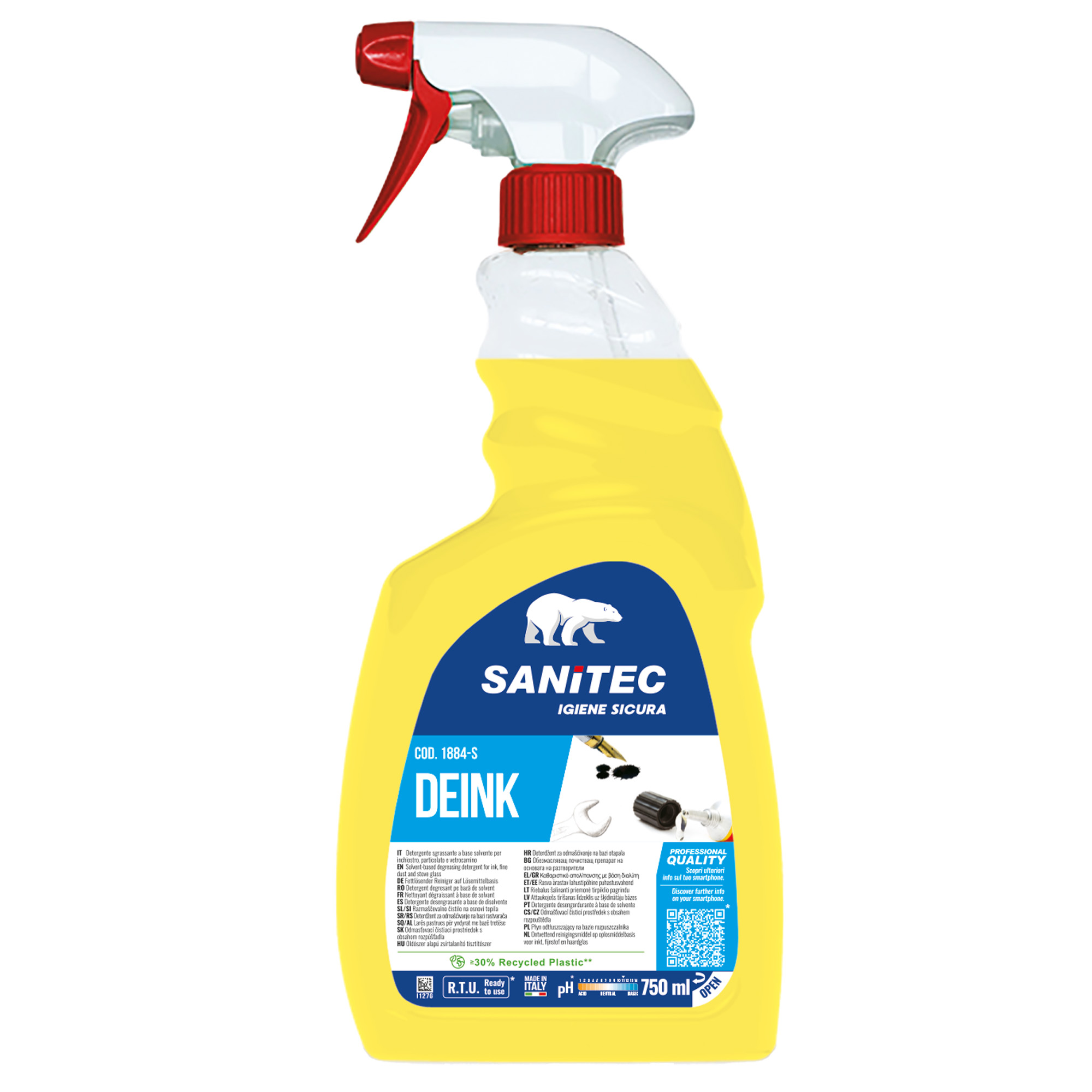Sanitec DEINK - Smacchiatore - liquido - spray in flacone - 750 ml - professionale - giallo (pacchetto di 6)