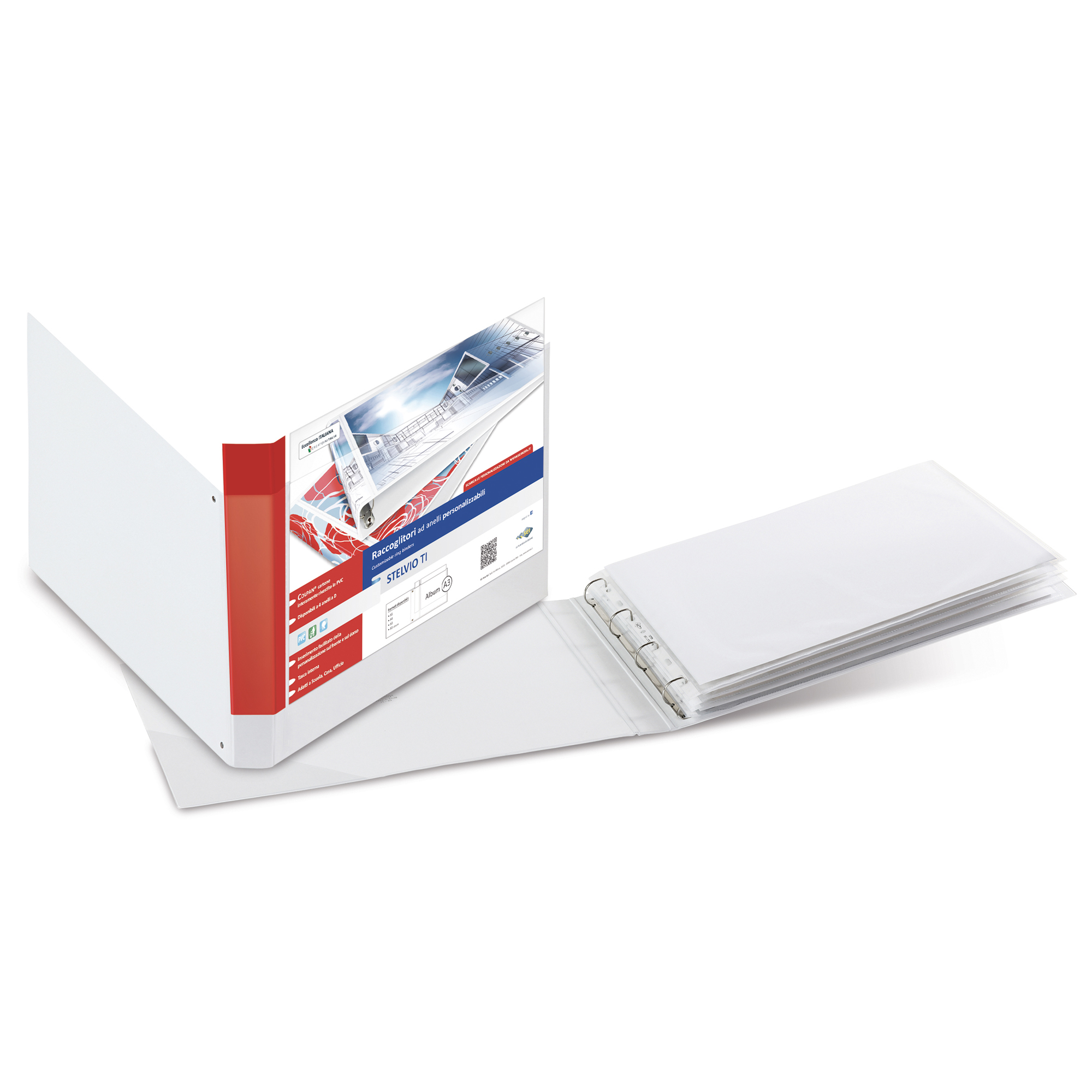 Raccoglitore personalizzabile Stelvio TI - 42 x 30 cm album - 4 anelli a D 50 mm - dorso 7,5 cm - bianco - Sei Rota