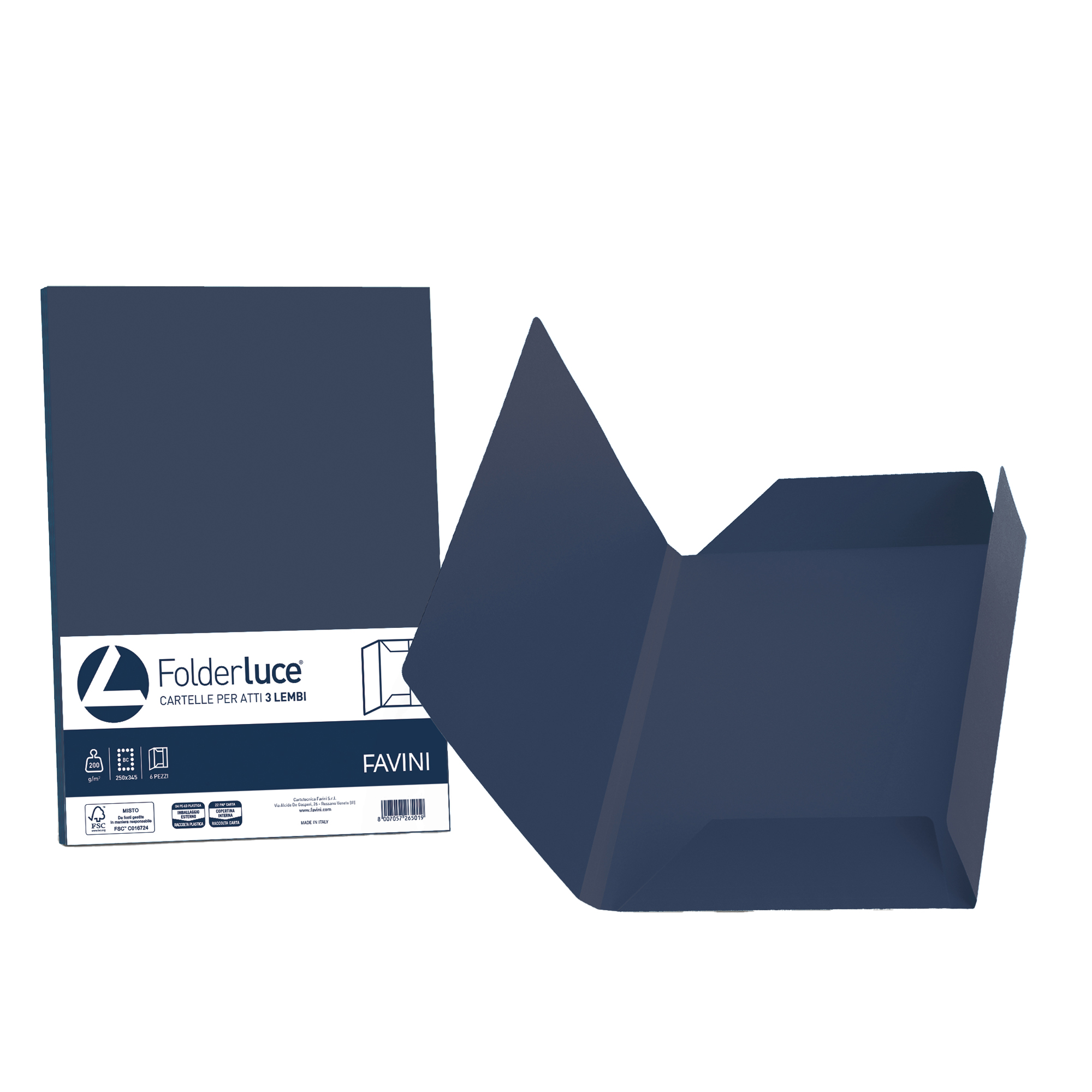 Cartellina 3 lembi Luce - 200 gr - A4 - cartoncino bristol - blu cobalto - Favini - conf. 25 pezzi