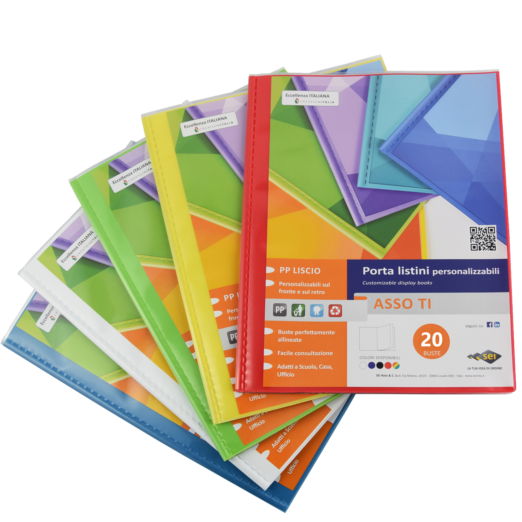 Portalistini Asso TI - personalizzabile - PP liscio - 22 x 30 cm - 20 buste - colori assortiti - Sei Rota