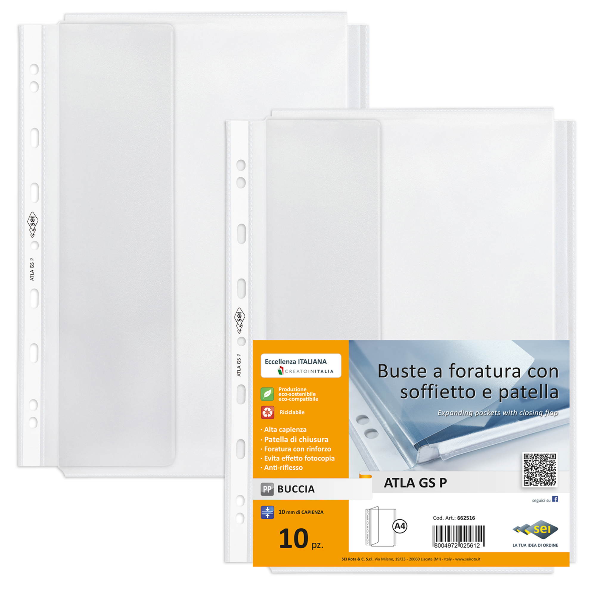 Buste forate ATLA GS P - 21 x 29,7 cm - PP - c/soffietto e patella - trasparente buccia - Sei Rota - conf. 10 pezzi