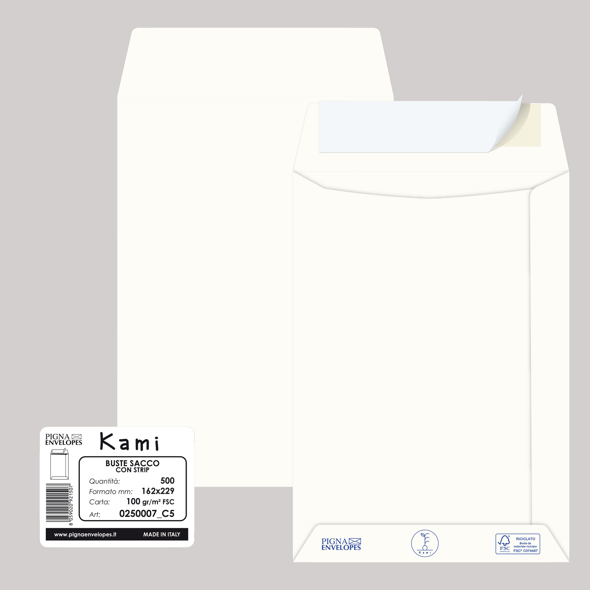 Busta a sacco Kami Strip - 16,2 x 22,9 cm - 100 gr - carta riciclata FSC - bianco - Pigna Envelopes - conf. 500 pezzi