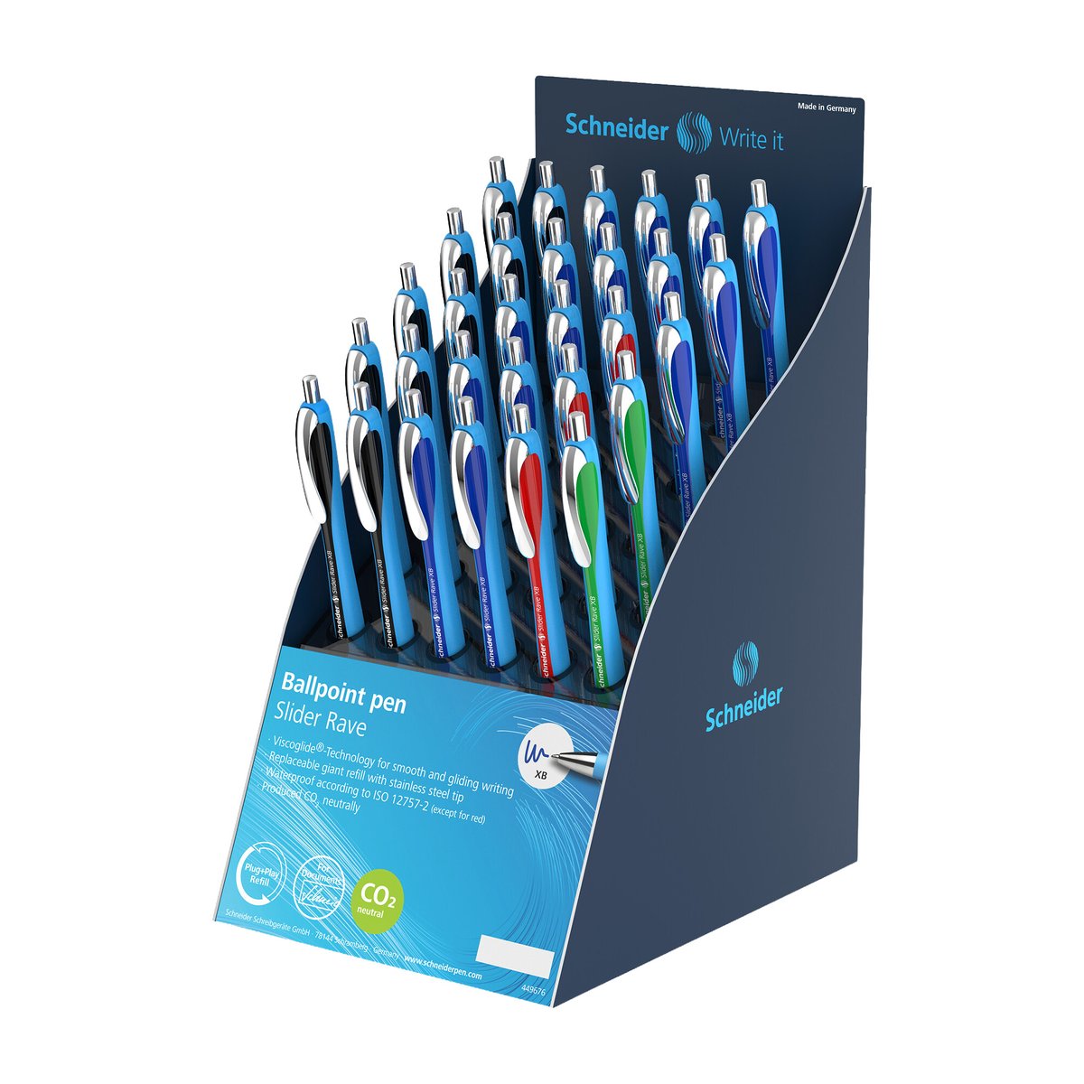 Penna sfera Slider Rave - colori assortiti (blu/nero/rosso/verde) - Schneider - expo 30 pezzi