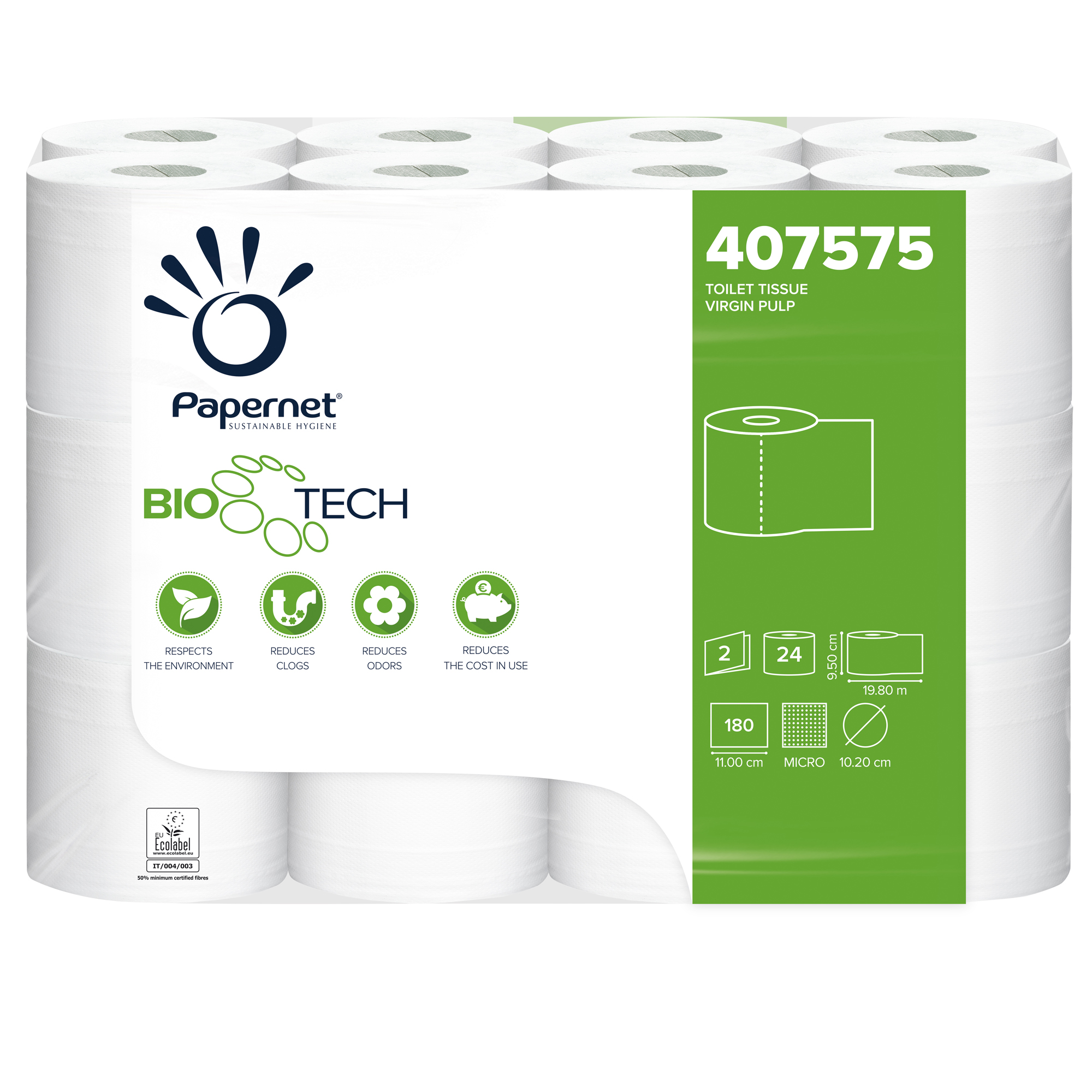 Carta igienica classica Bio Tech - 180 strappi - 2 veli - 19,80 mt - Papernet - conf. 24 rotoli