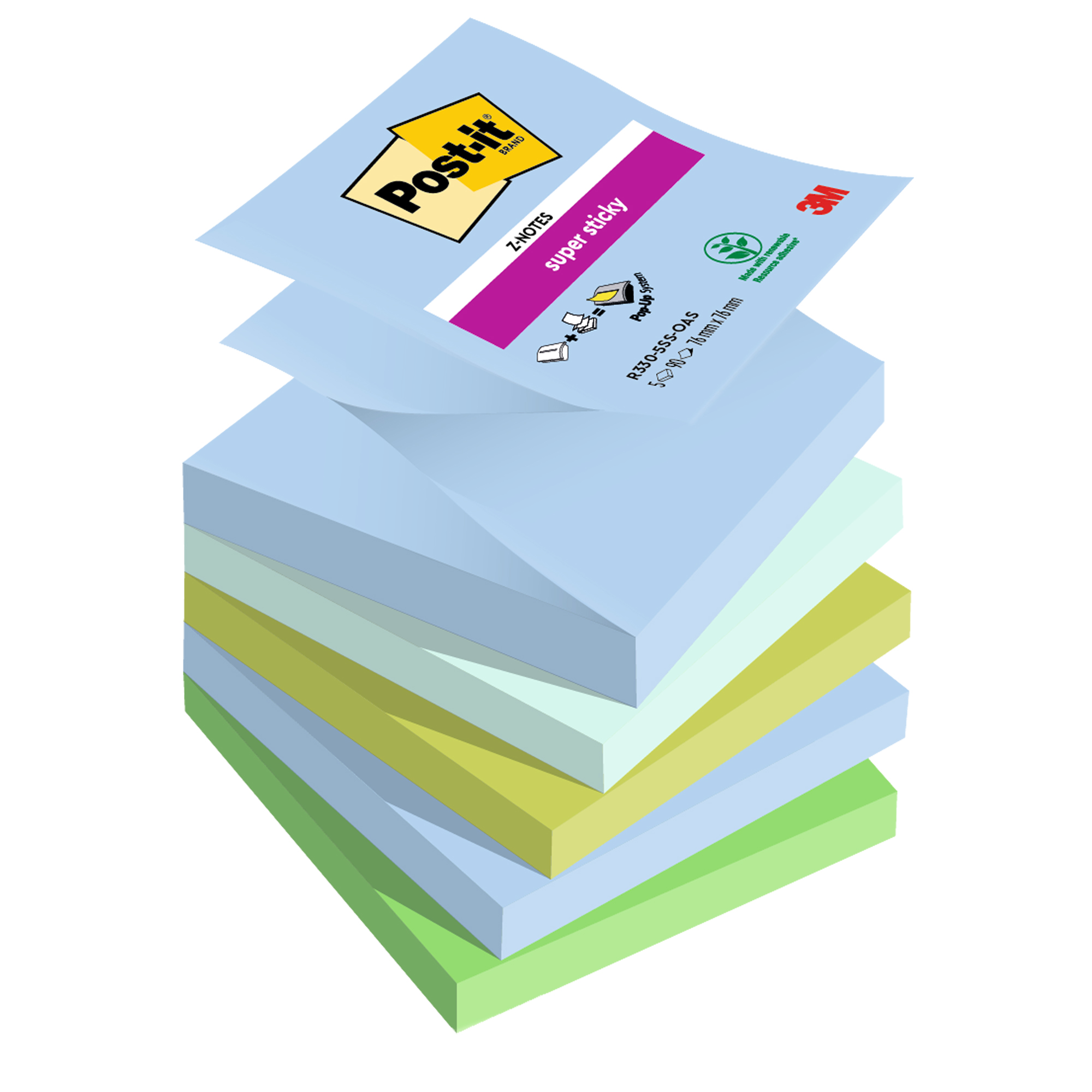 Blocco Post-it Super Sticky Z Notes - R330-5SS-OAS - 76 x 76 mm - colori Oasis - 90 fogli - Post-it - conf. 5 pezzi