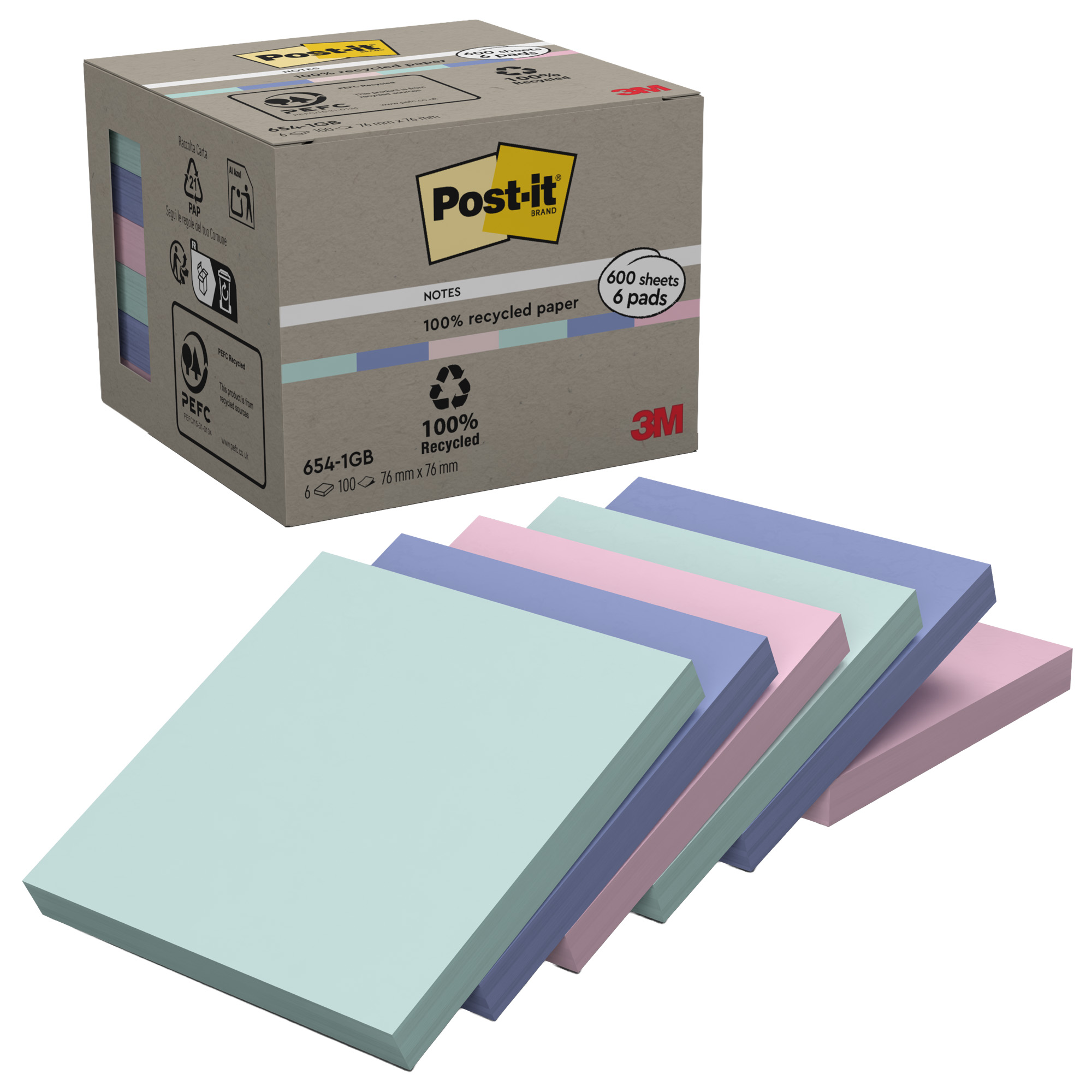 Blocco Post-it Green - 654-1GB - 76 x 76 mm - natural - 100 fogli - Post-it - conf. 6 pezzi