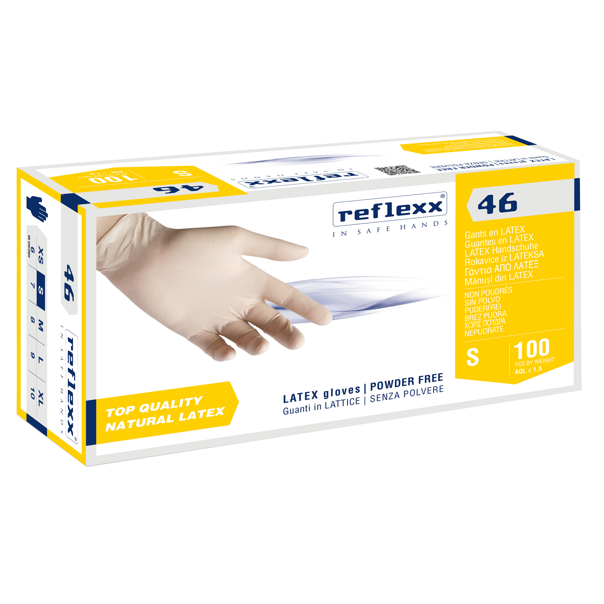 Guanti in lattice R46 - s/polvere - tg S - bianco - Reflexx - conf. 100 pezzi