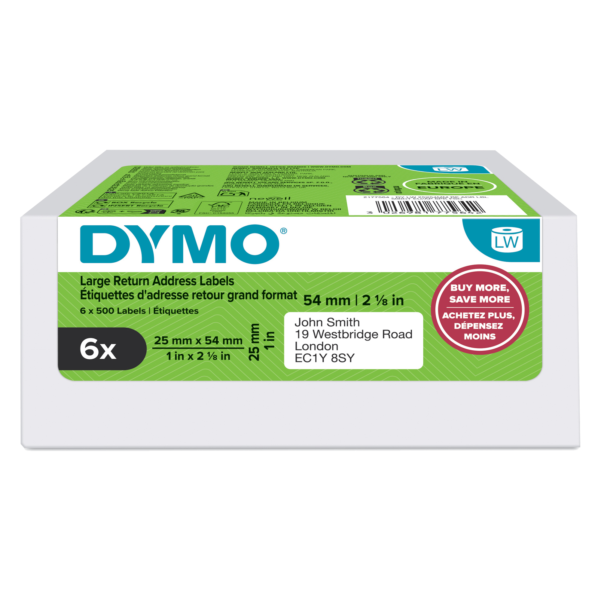 Rotolo etichette per Indirizzi - 25 x 54 mm - bianco - Dymo - value pack 6 pezzi