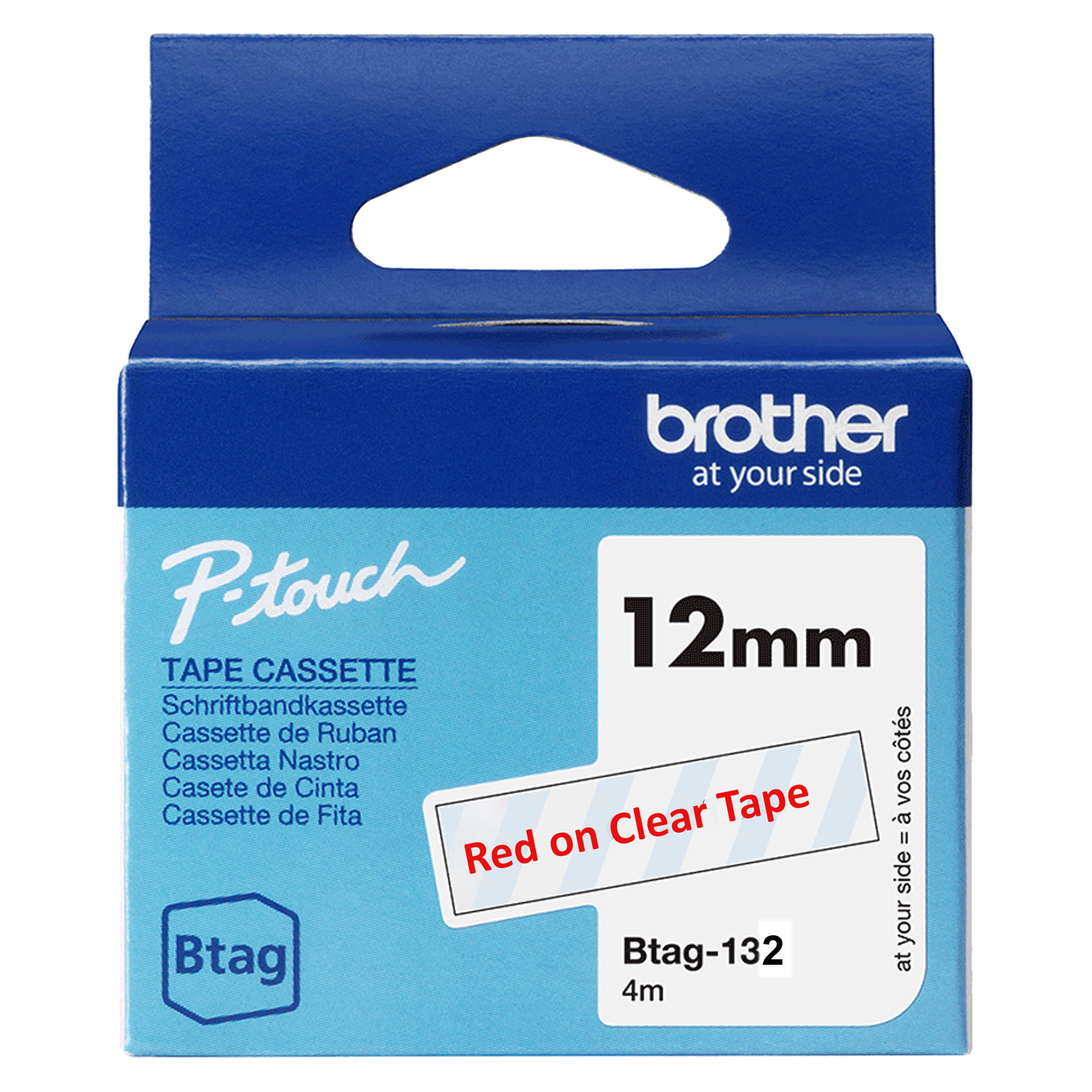 Nastro BTAG132 da 12MM rosso su trasparente - lunghezza 4 m