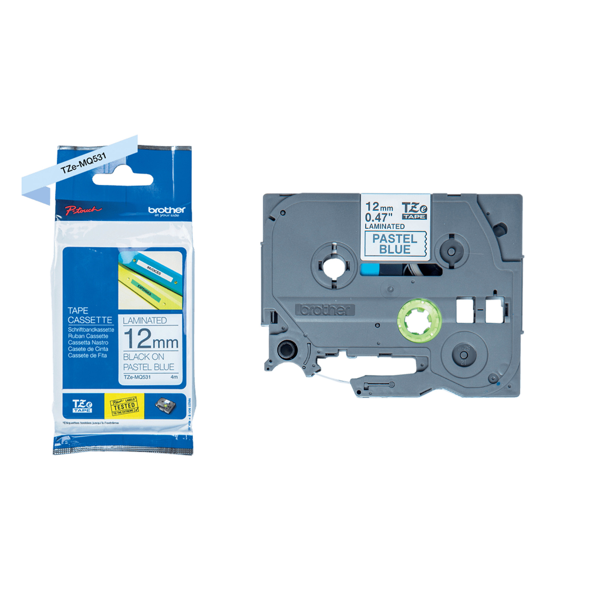 Brother TZe-MQ531 - Nero su blu pastello - Rotolo (1,2 cm x 8 m) 1 cassetta(e) nastro laminato - per Brother PT-D210, D600, H110, P750, P950; P-Touch Cube PT-P300; P-Touch Embellish PT-D215