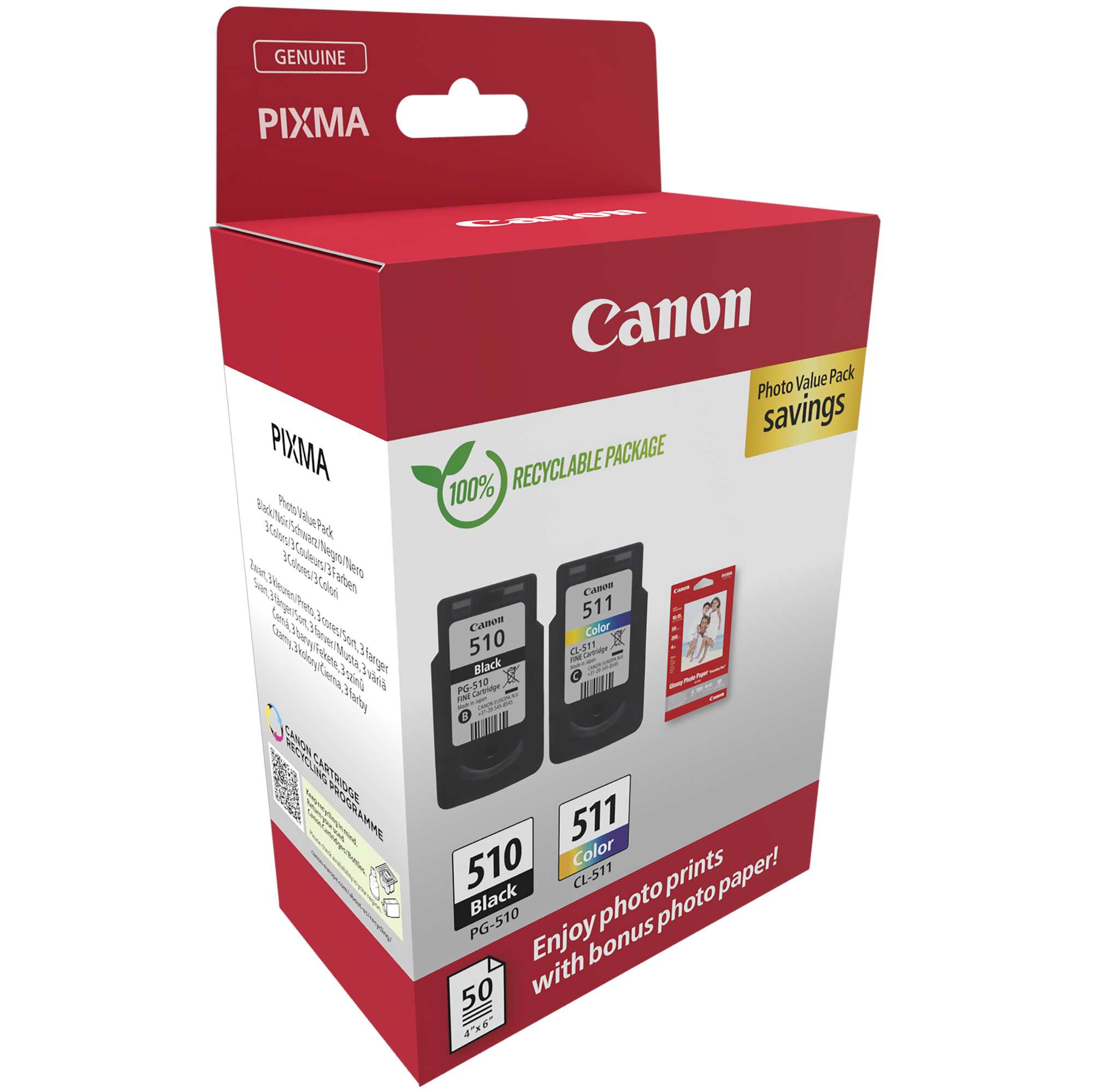 Canon PG-510/CL-511 Photo Paper Value Pack - Confezione da 2 - nero, colore (ciano, magenta, giallo) - originale - confezione da appendere - kit cartuccia inchiostro/carta - per PIXMA iP2700, MP230, MP252, MP272, MP280, MP282, MP492, MP495, MP499, MX360, MX410, MX420