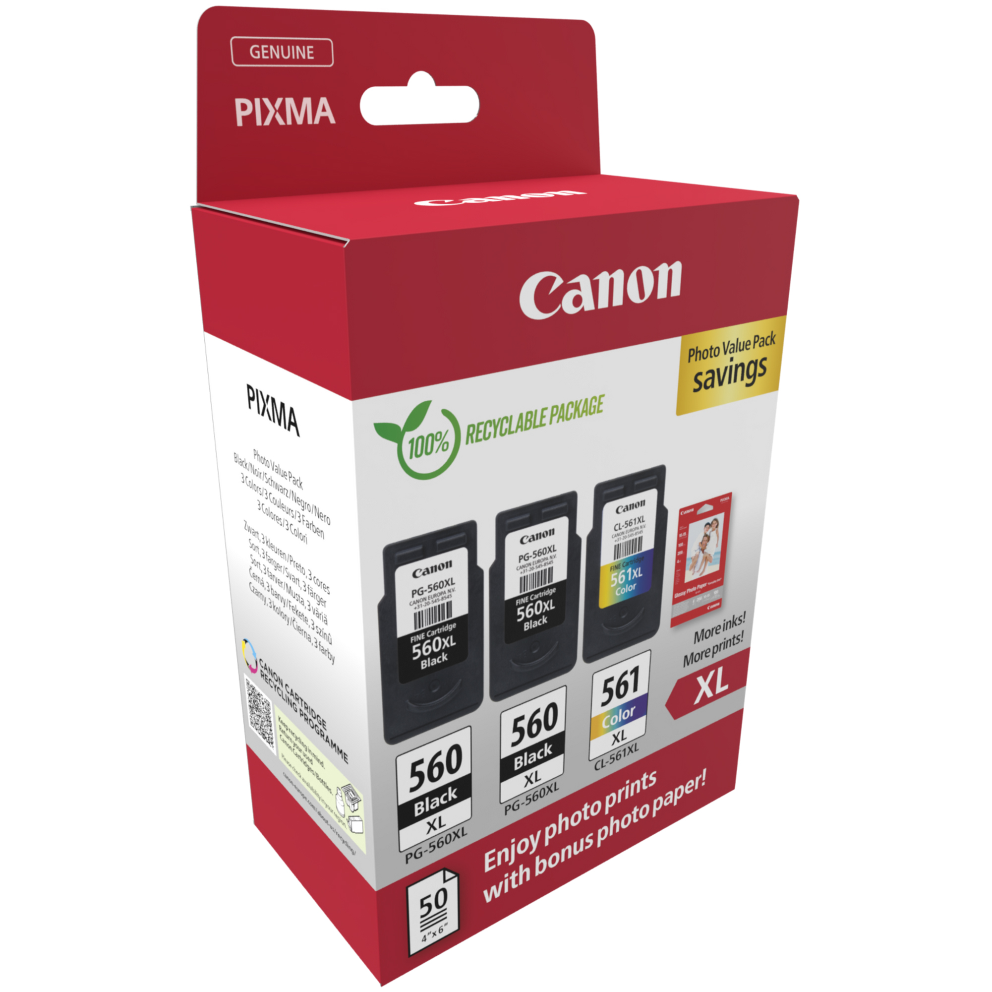 Canon PG-560XL x2/CL-561XL Photo Value Pack - Lucido - confezione da 3 - Alta resa - nero, colore (ciano, magenta, giallo) - originale - confezione da appendere - kit cartuccia inchiostro/carta - per PIXMA TS5350, TS5351, TS5352, TS5353, TS7450