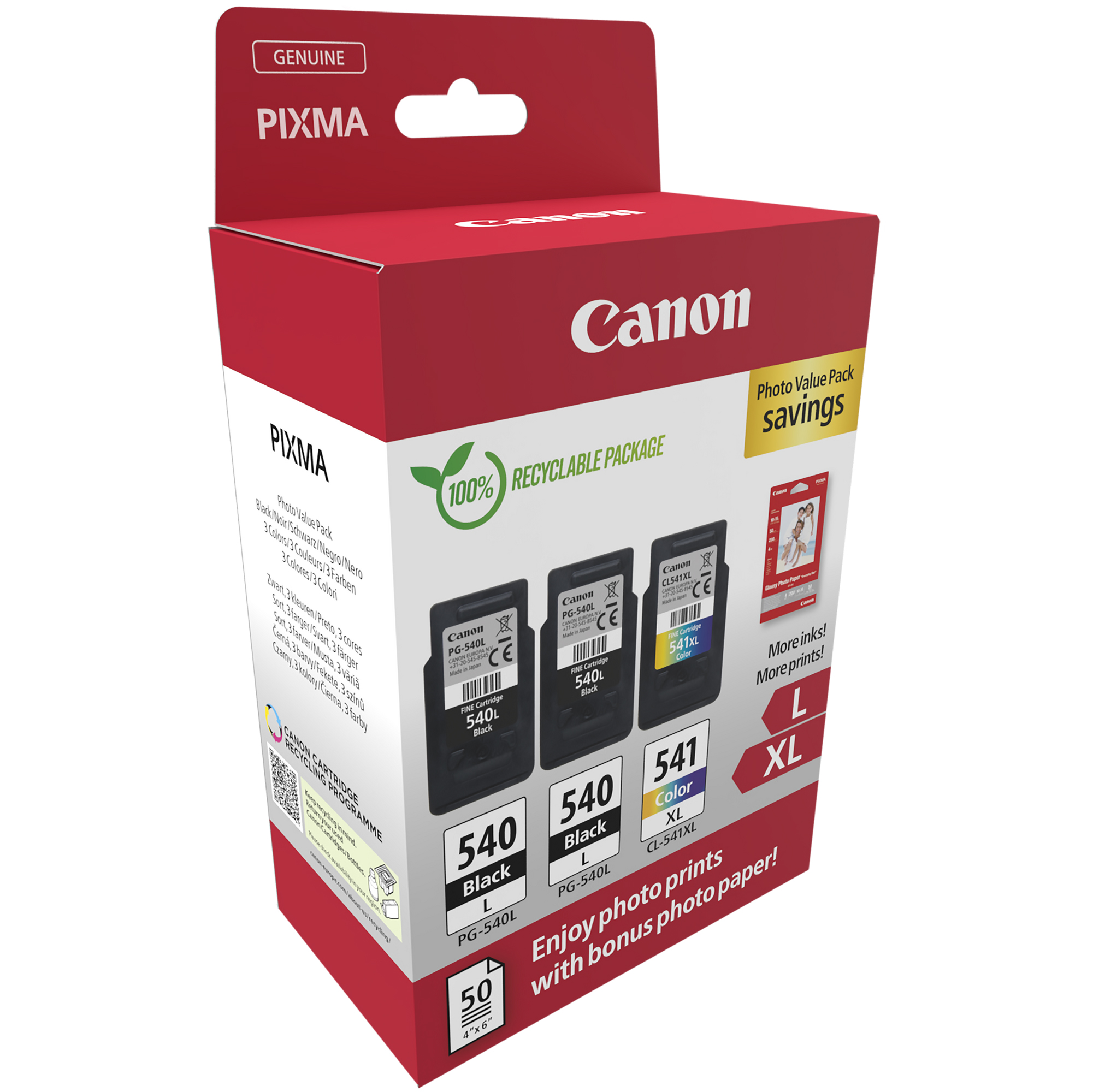 Canon PG-540L x2/CL-541XL Photo Paper Value Pack - Confezione da 2 - nero, colore (ciano, magenta, giallo) - originale - confezione da appendere - kit cartuccia inchiostro/carta - per PIXMA MG3250, MG3550, MG3650, MG4250, MX395, MX455, MX475, MX525, MX535, TS5150, TS5151