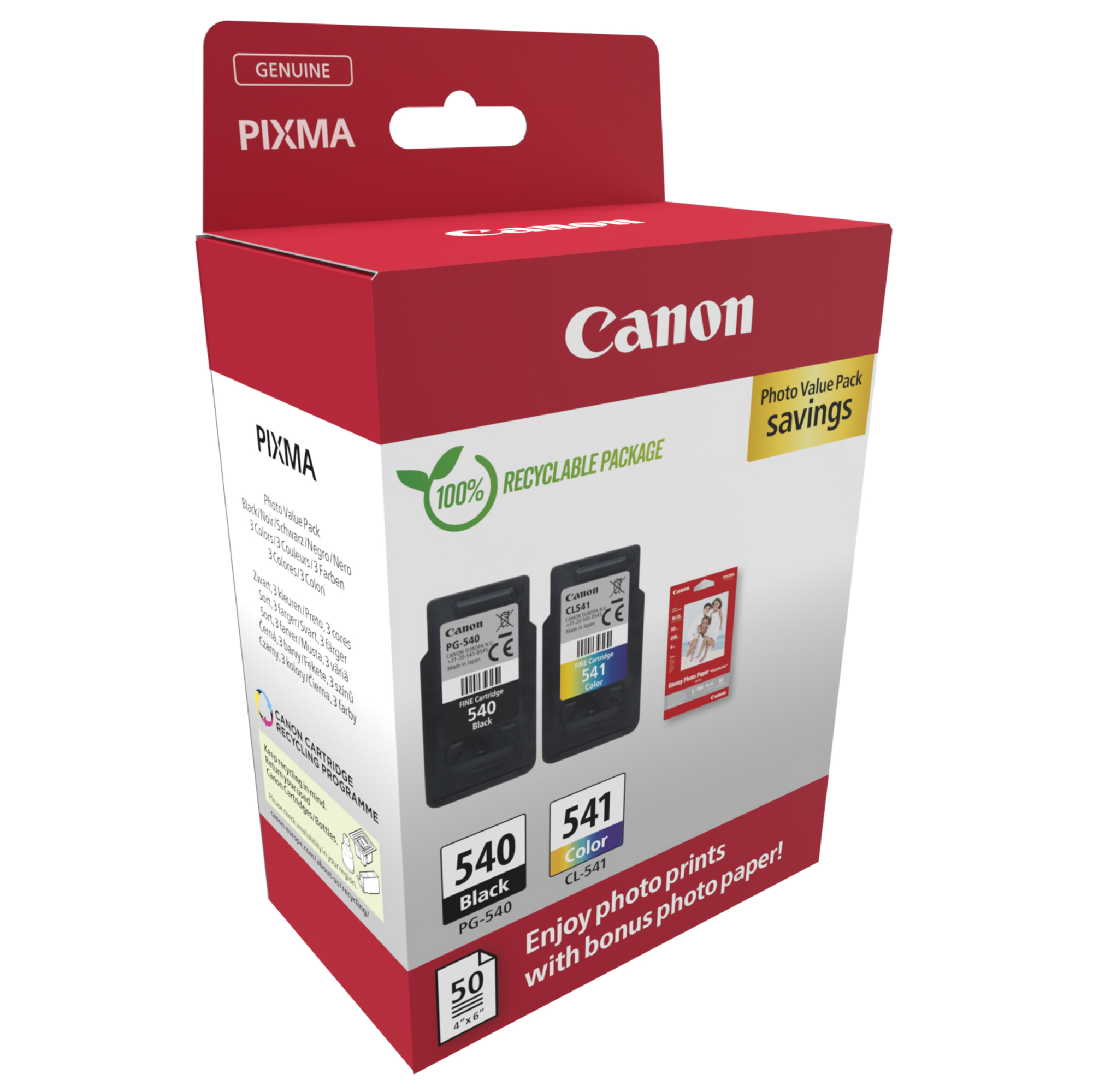 Canon PG-540/CL-541 Photo Paper Value Pack - Confezione da 2 - nero, colore (ciano, magenta, giallo) - originale - confezione da appendere - kit cartuccia inchiostro/carta - per PIXMA MG3250, MG3550, MG3650, MG4250, MX395, MX455, MX475, MX525, MX535, TS5150, TS5151