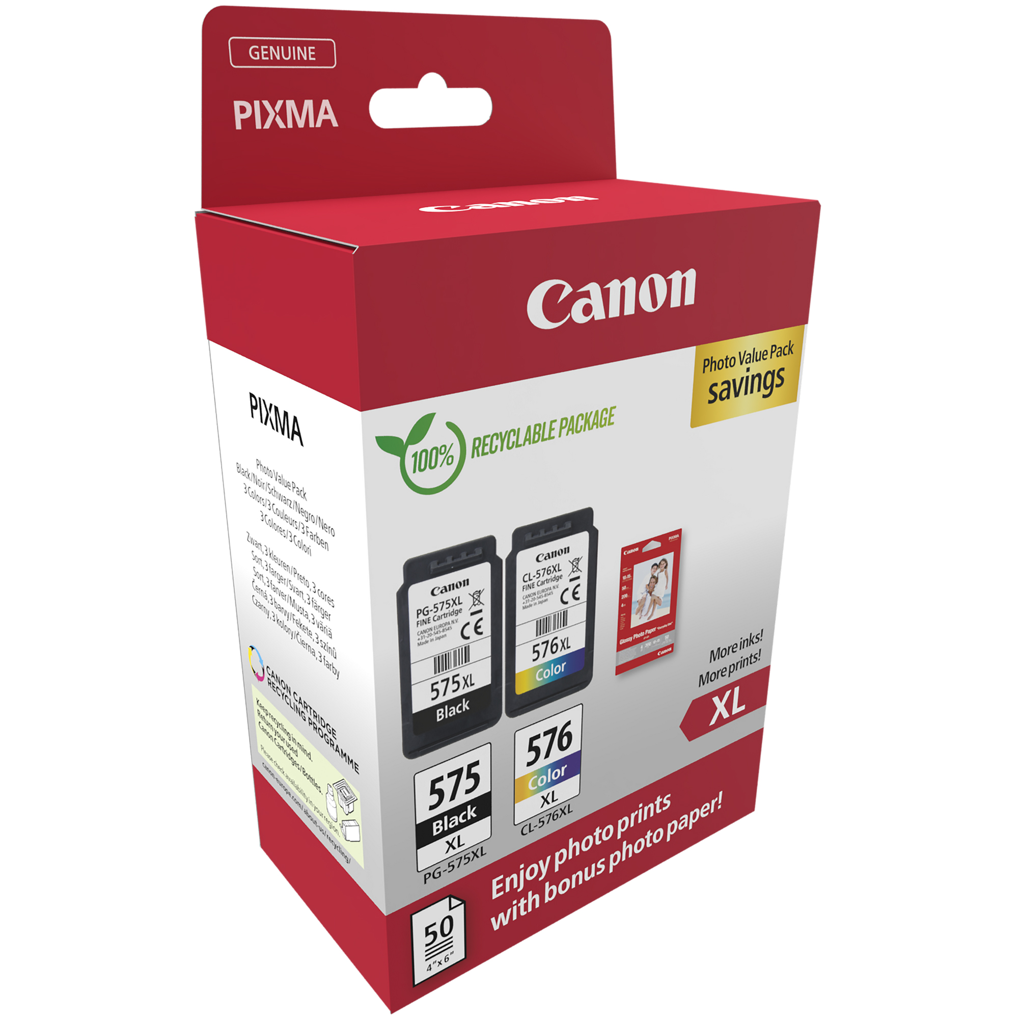 Canon PG-575XL/CL-576XL Photo Paper Value Pack - Confezione da 2 - Alta resa - nero, colore (ciano, magenta, giallo) - originale - confezione da appendere - kit cartuccia inchiostro/carta - per PIXMA TR4750i, TR4751i, TS3550i, TS3551i