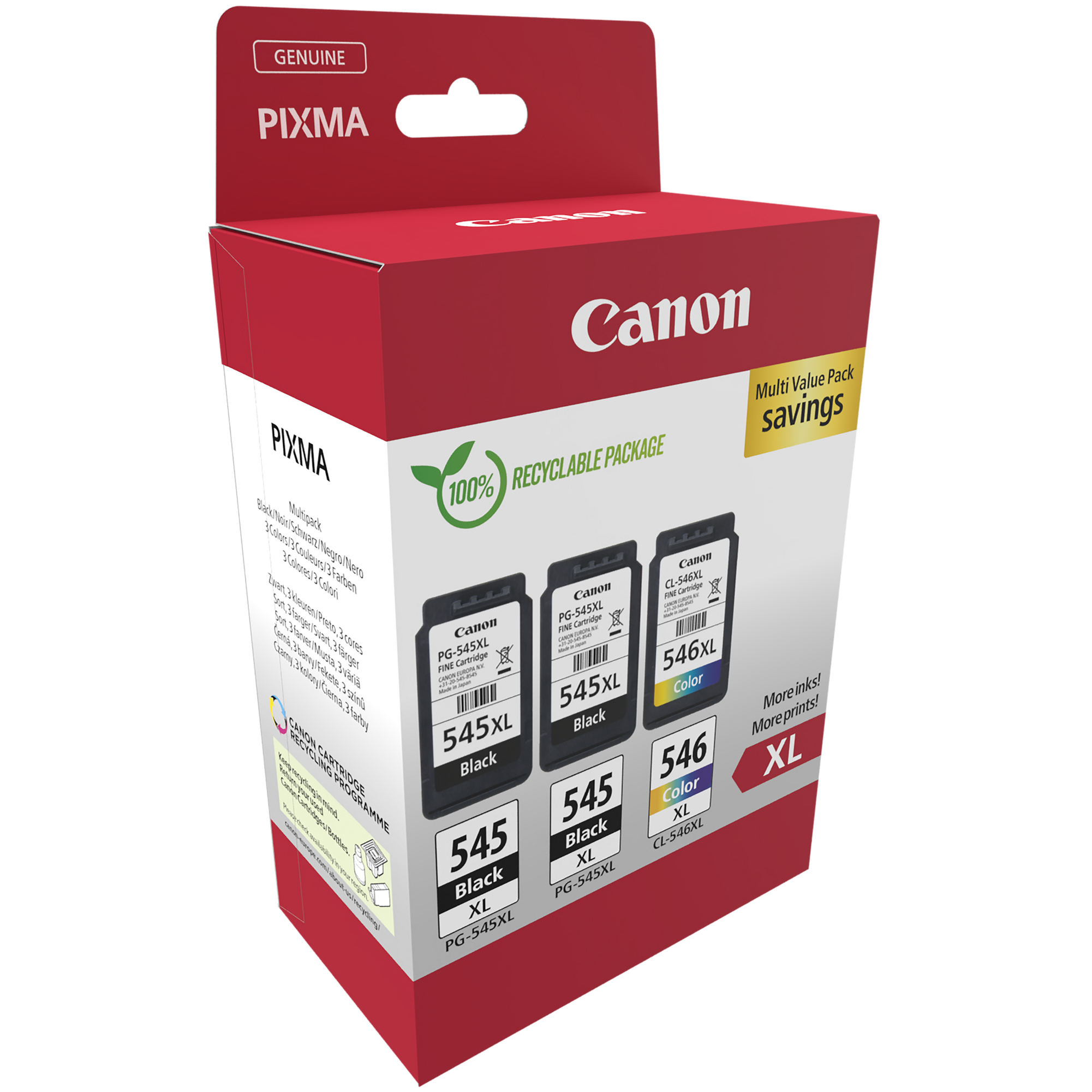 Canon PG-545XL x2 /CL-546XL Multi Pack - Confezione da 3 - Alta resa - nero, colore (ciano, magenta, giallo) - originale - confezione da appendere - cartuccia d'inchiostro - per PIXMA TR4551, TR4650, TR4651, TS3350, TS3351, TS3352, TS3355, TS3450, TS3451, TS3452