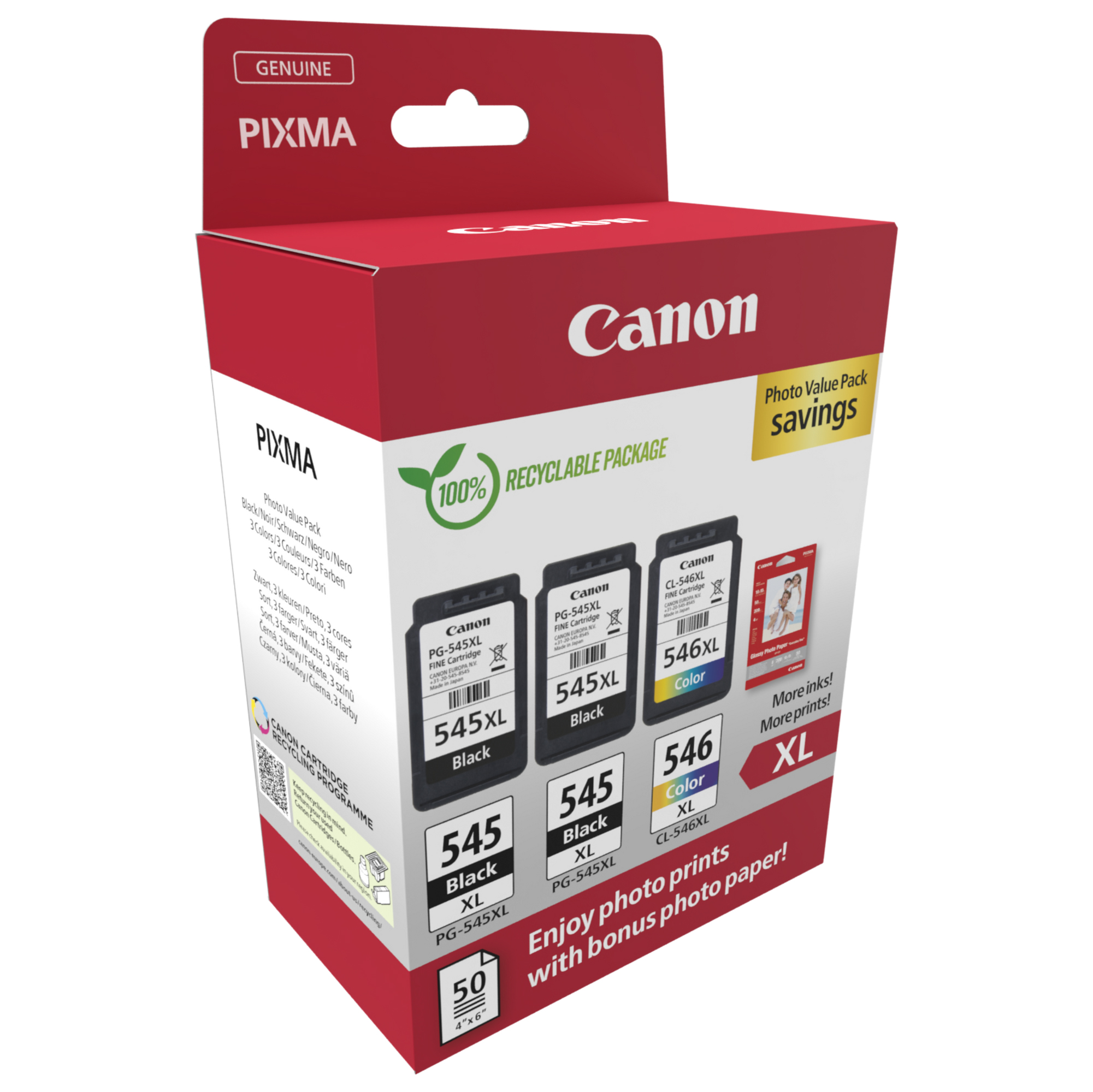 Canon PG-545 XL/CL-546XL Photo Value Pack - Confezione da 3 - nero, colore (ciano, magenta, giallo) - originale - kit cartuccia inchiostro/carta