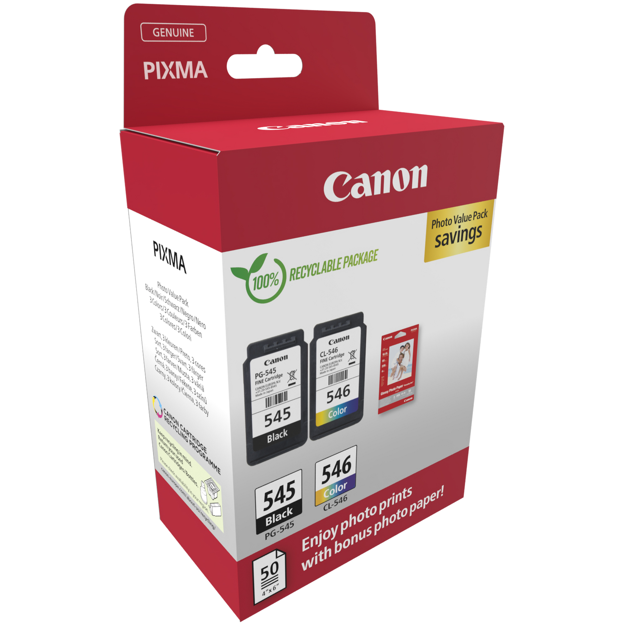Canon PG-545 / CL-546 Value Pack - Confezione da 2 - 8 ml - nero, colore (ciano, magenta, giallo) - originale - confezione da appendere - kit cartuccia inchiostro/carta - per PIXMA iP2850, MG2450, MG2550, TR4550, TR4551