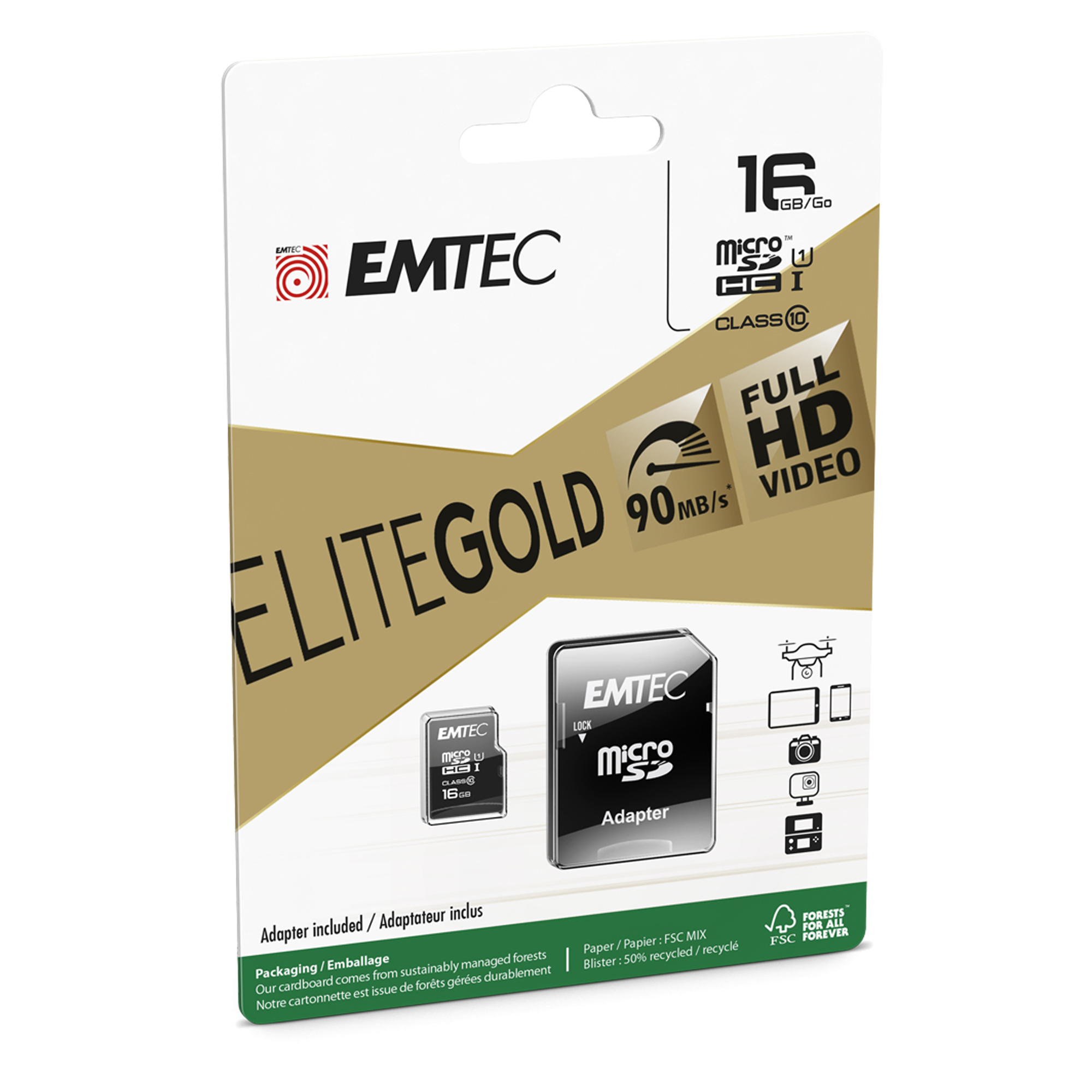 Emtec - Micro SDHC Class 10 Gold + con Adattatore - ECMSDM16GHC10GP - 16GB