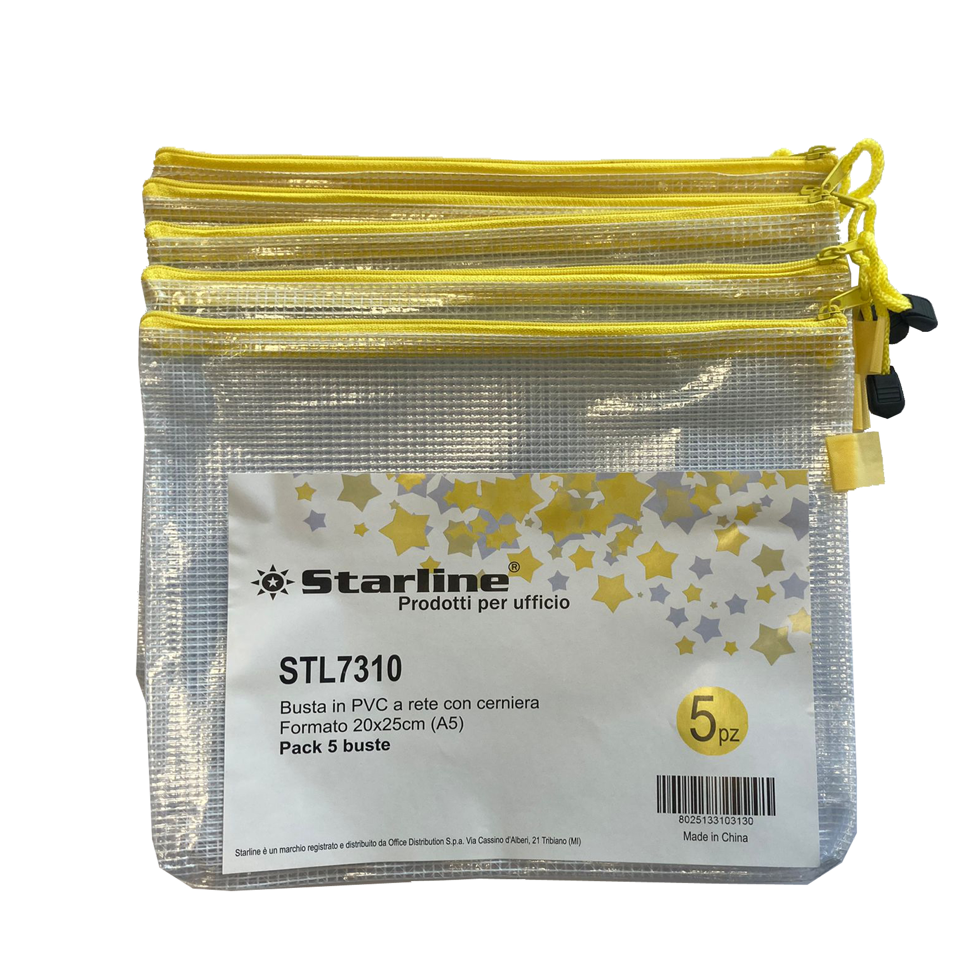 Busta a rete con cerniera gialla - PVC - 20 x 25 cm - trasparente - Starline.