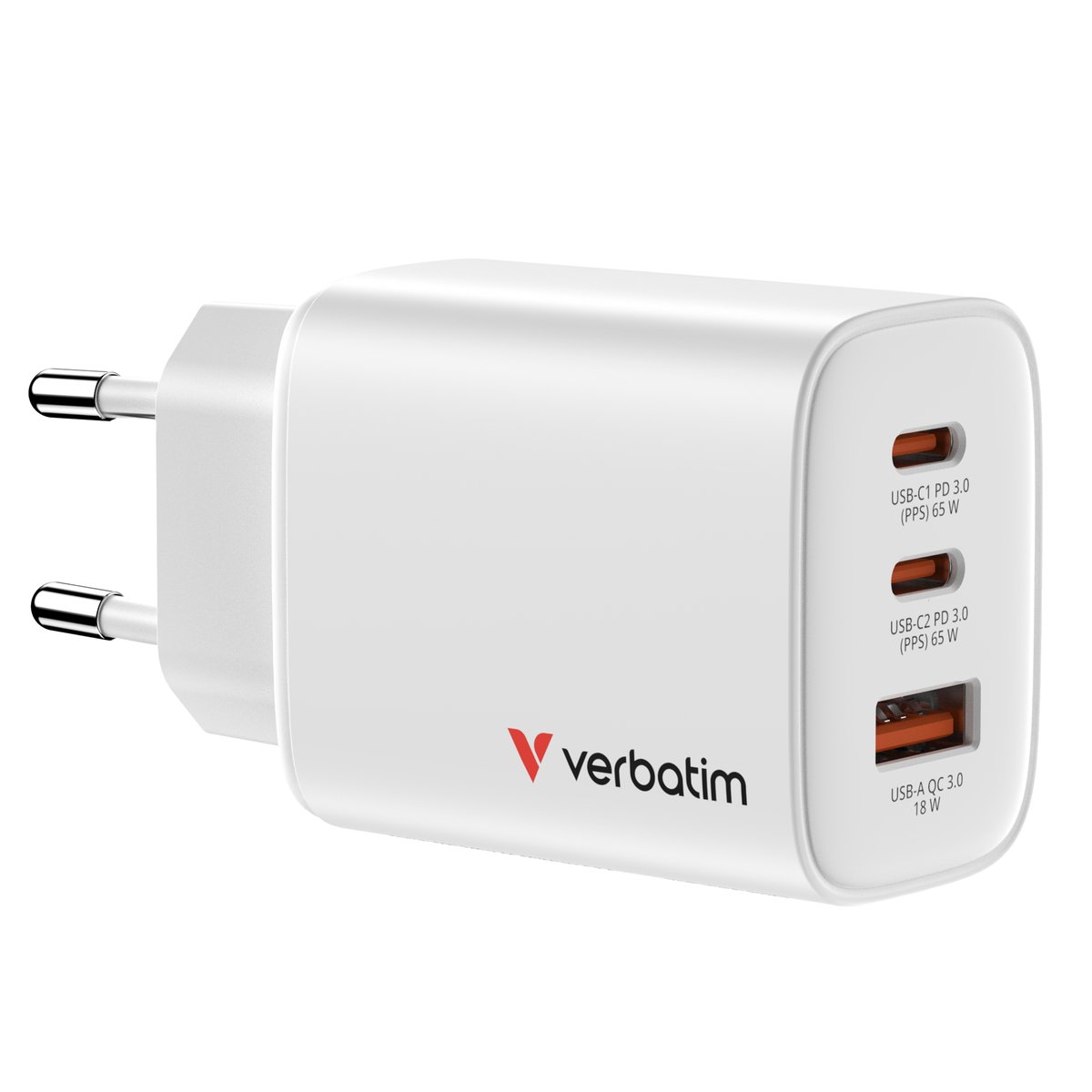 Verbatim Essentials - Netzteil - GaN - 65 Watt - 3 A - Power Delivery 3.0 + PPS, QC 3.0 - 3 Ausgabeanschlussstellen (USB-C, USB)