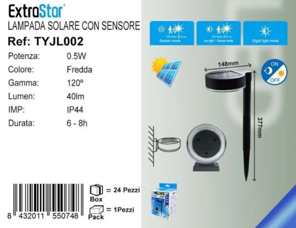 EXTRASTAR LAMPADA SOLARE CON SENSORE PIR 0.5W 40LM 6500K