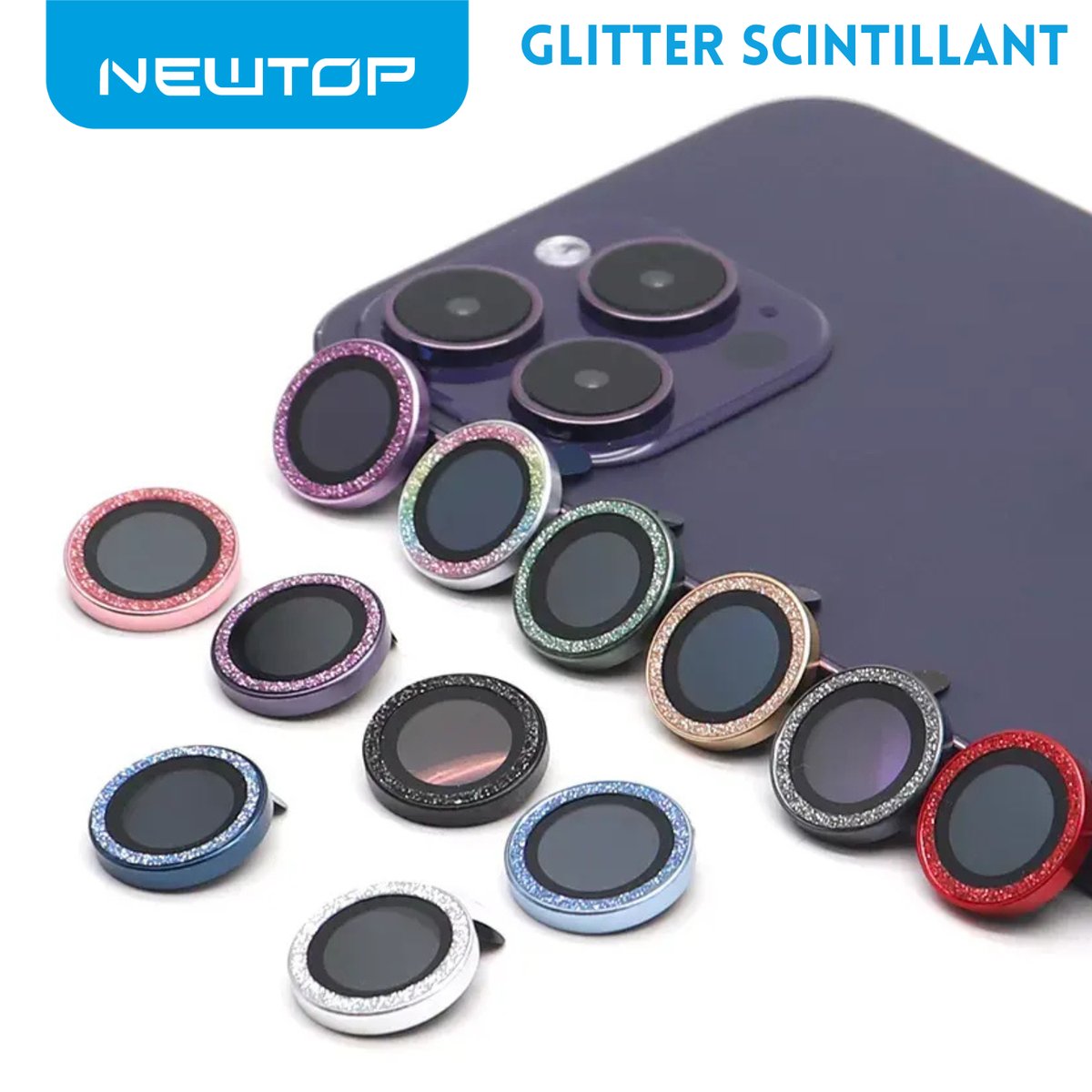 NEWTOP FOTOCAMERA GLITTER SCINTILLANT 9H VETRO TEMPERATO IPHONE 15 PRO - 15PRO MAX
