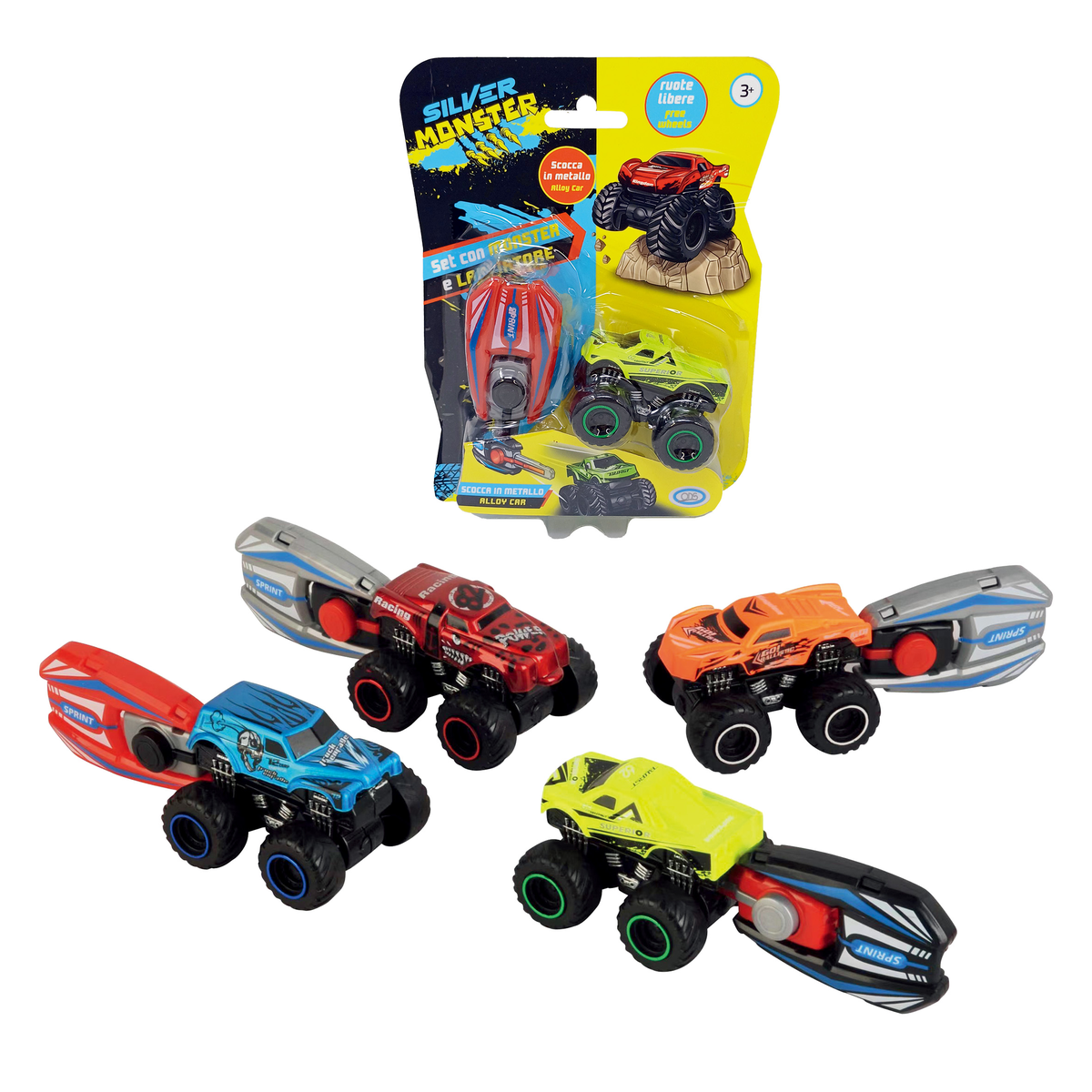 Silver Monster - Set Auto con lanciatore monster a ruote libere con lanciatore, SCOCCA IN METALLO