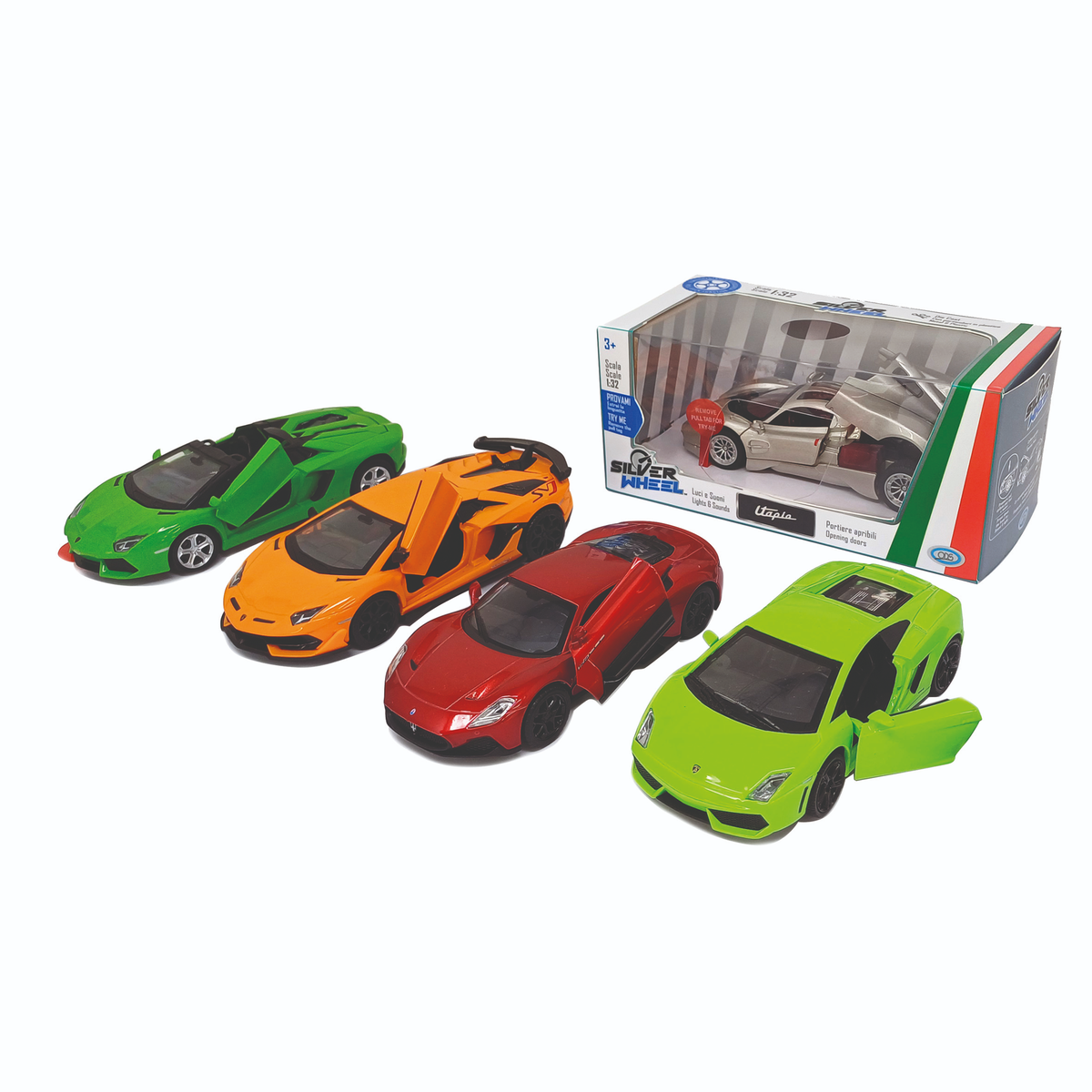 Silver Wheel - Auto italiane a licenza sc. 1:28 /1:32, luci, suoni, a retrocarica, portiere apribili, batterie incluse