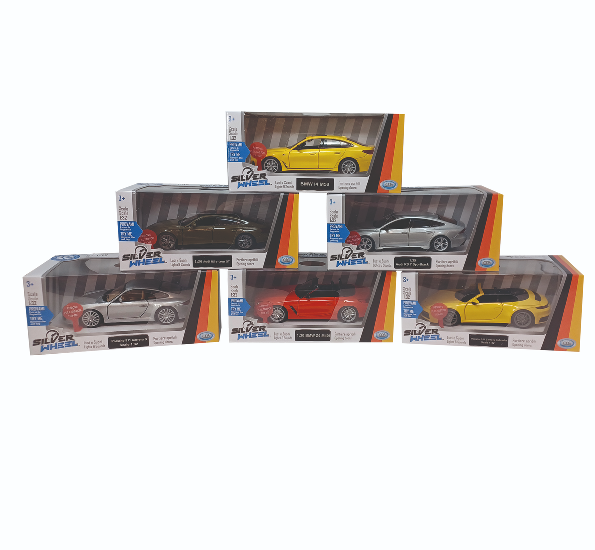 Silver Wheel - Auto tedesche a licenza sc.1:28 / 1:32, luci, suoni, retrocarica, portiere apribili batterie incluse