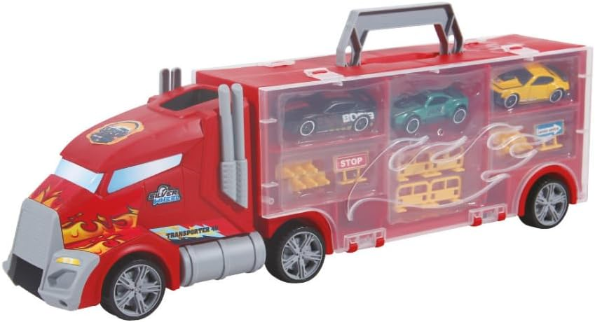 Silver Wheel - Transporter 40 camion porta auto con 3 auto in die cast, a ruote libere, con scivolo, segnaletica e maniglia